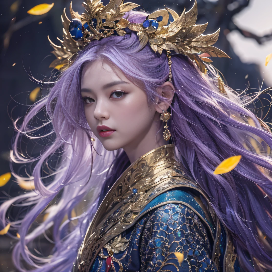 Genki Girl 32K（tmasterpiece，k hd，hyper HD，32K）Long flowing bright purple hair，Autumn Pond，zydink， a color， Asian people （Genki girl）， （Black and gold scarf）， Combat posture， looking at the ground， long whitr hair， Floating bright purple， Fire cloud pattern gold tiara， Chinese long-sleeved gold silk garment， （Abstract metaverse splash：1.2）， white backgrounid，Lotus vitality protector（realisticlying：1.4），Bright purple hair，Smoke on the road，The background is pure， A high resolution， the detail， RAW photogr， Sharp Re， Nikon D850 Film Stock Photo by Jefferies Lee 4 Kodak Portra 400 Camera F1.6 shots, Rich colors, ultra-realistic vivid textures, Dramatic lighting, Unreal Engine Art Station Trend, cinestir 800，A girl with long flowing bright purple hair