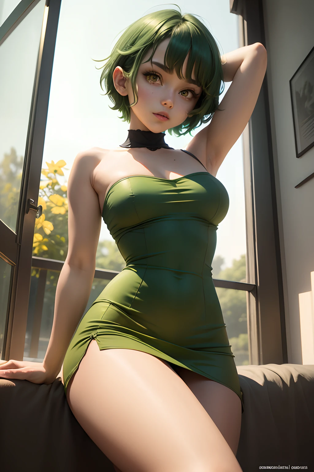 Saria, short hair, green hair, armpit, short dress, yellow eyes, Big legs.