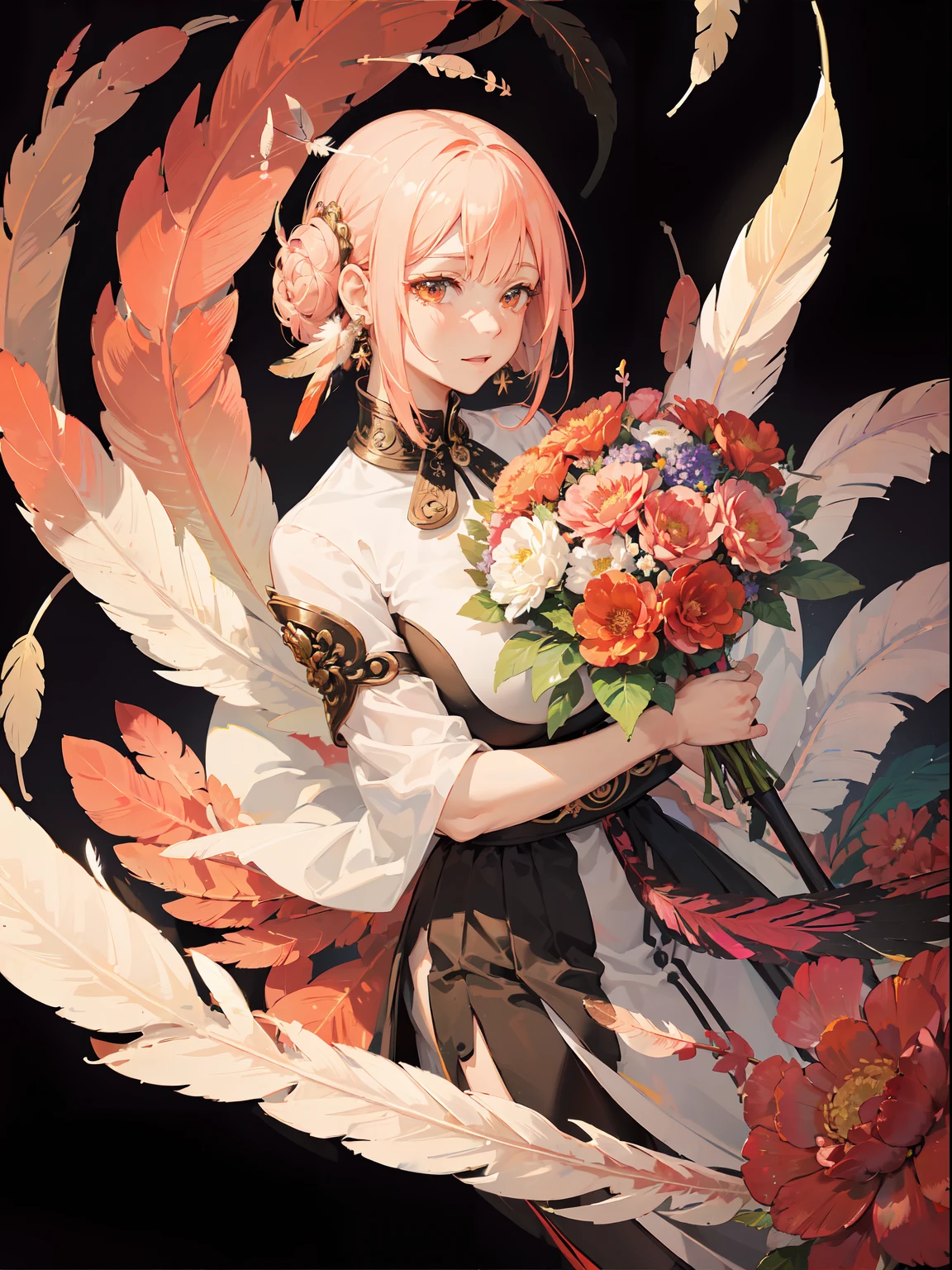 (masutepiece, of the highest quality, Best Quality, Official art, Beautiful and aesthetic:1.2), (1girl in:1.3), Extremely detailed,(Fractal Art:1.1),(Colorful:1.1)(Flowers:1.3),highest details,(Zentangle:1.2), (Dynamic Pose), (Abstract background:1.3), (Shiny skin), (Many colors:1.4), ,(earrings), (Feathers:1.5) , (Flamethrower:1.3),Red background,Phoenix dress,A pink-haired,Like 8000,((huge bust:1.5)),glad,Gentle smile,Give a bouquet of flowers to your audience,