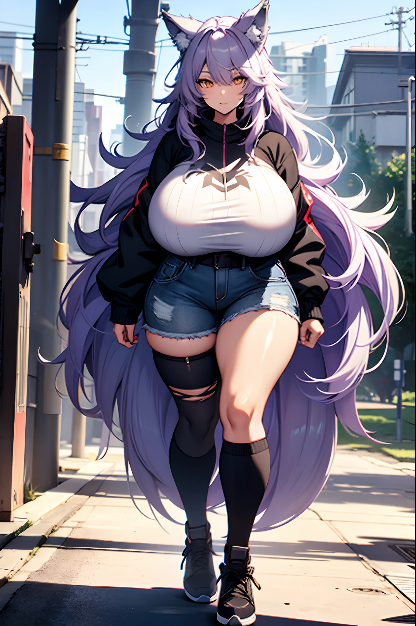 one woman, wolf girl, wolf ears, wolf tail, violet hair, strong, firm body, thick thighs, big breasts, muscular arms, casual clothes, sfw, sexy, full body, masterpiece, highly detailed, tall woman,