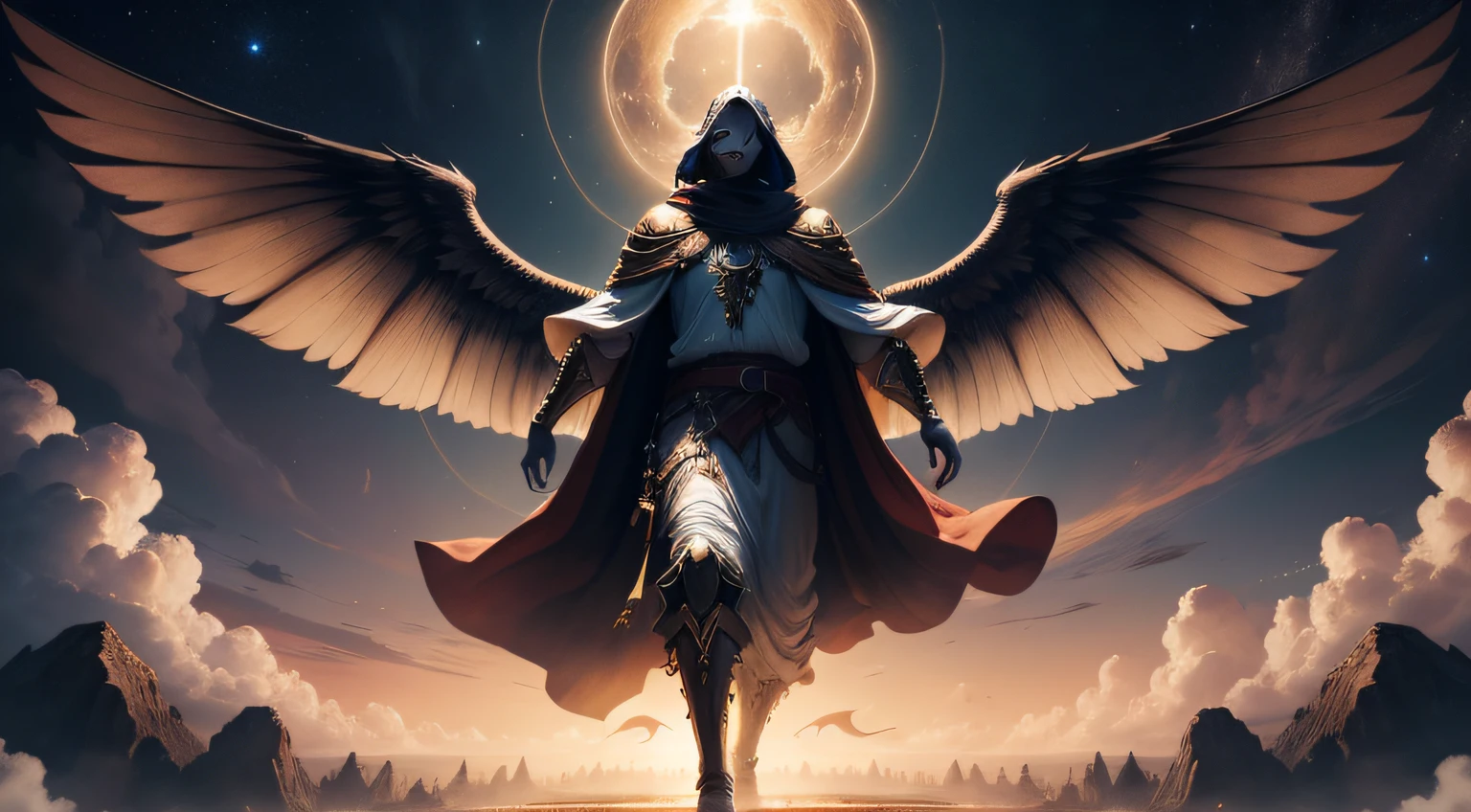 deus demonio, descending from the heavens, encapuzado, com uma aura assombrosa, noite, 4k, hd, masterpiece