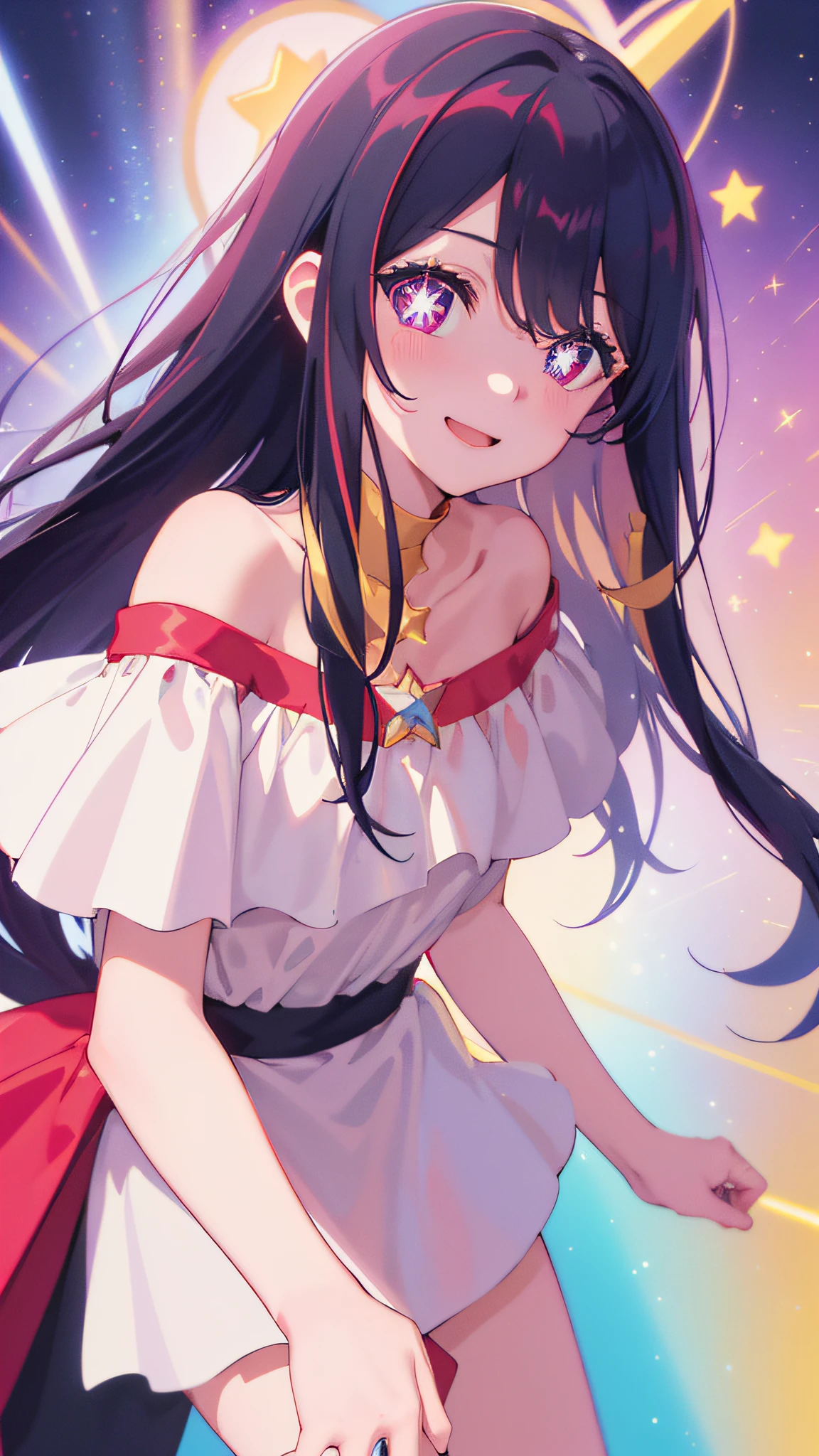 (masterpiece, best quality), ((1girl, (mature female) long hair), (star-shaped pupils, +_+, symbol-shaped pupils, sparkling eyes)), (looking at viewer, light smile, off shoulder), (multicolored background, abstract background, chromatic aberration),