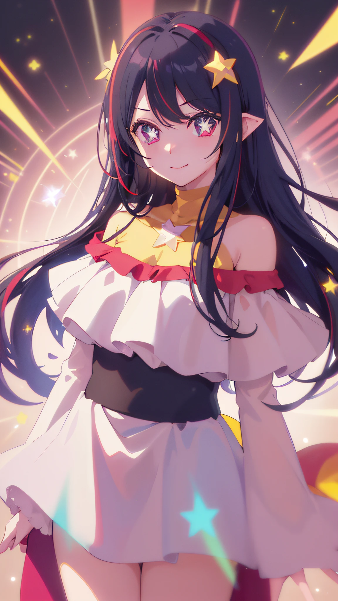 (masterpiece, best quality), ((1girl, (mature female) long hair), (star-shaped pupils,  +_+, symbol-shaped pupils, sparkling eyes)), (looking at viewer, light smile, off shoulder), (multicolored background, abstract background, chromatic aberration),