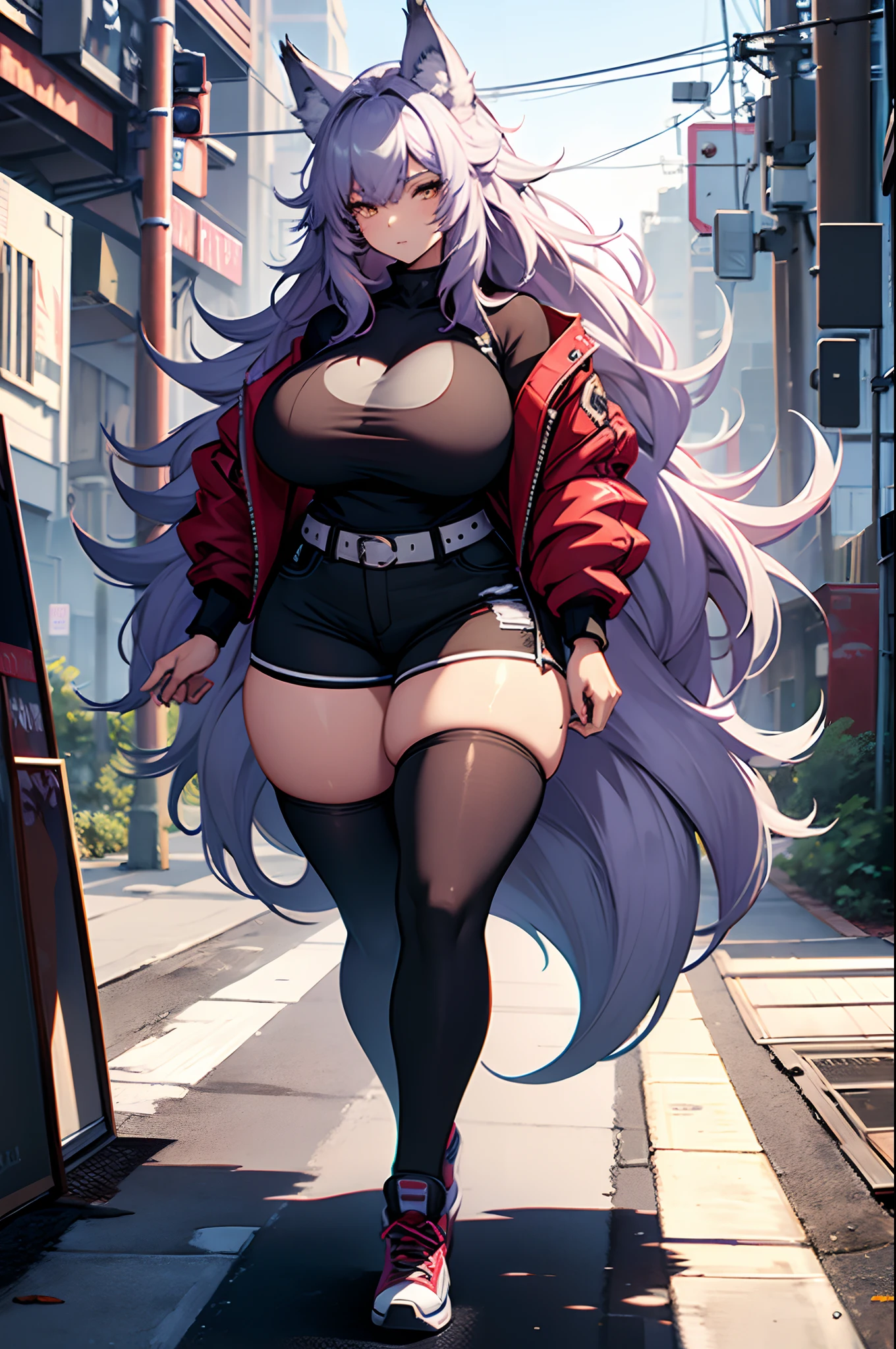 one woman, wolf girl, wolf ears, wolf tail, violet hair, strong, firm body, thick thighs, big breasts, muscular arms, casual clothes, sfw, sexy, full body, masterpiece, highly detailed, tall woman,