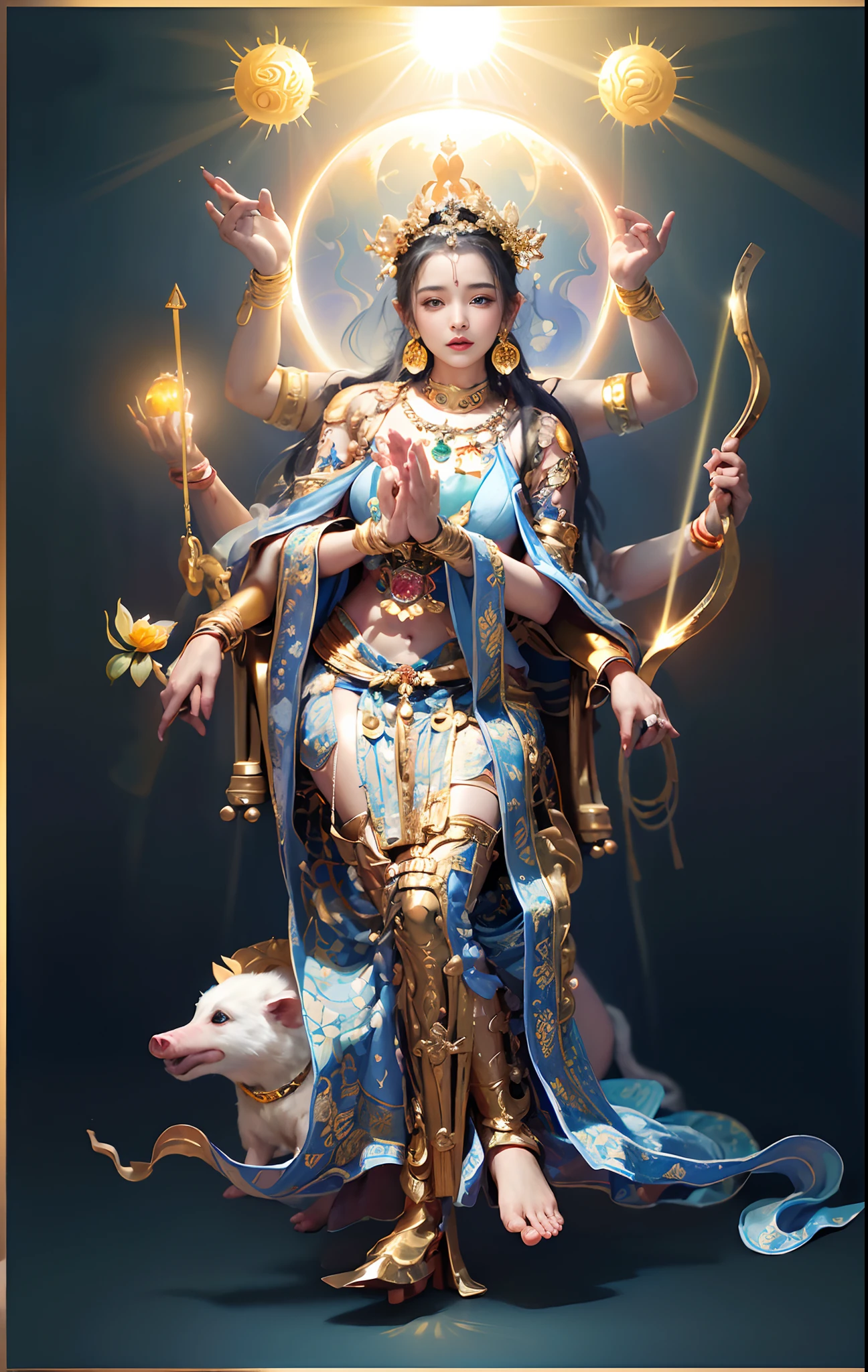 Beautiful woman sitting in a golden car, (((Golden lotus throne))),The woman wears a light blue dress,Light blue pants,(((Head background with round light))),(((Behind it is the sun))),(((Women emit bright and dazzling blue light))),Women have three heads,In total, The arm has eight mudras,Take all kinds of metal weapons,Barefoot on both feet,There are seven piglets pulling carts in front,goddess of love and peace, indian goddess of wealth, Heavenly Bodhisattva, goddess art, goddess of wisdom, an ancient Chinese goddess,photorealestic,professional photoshooting,Realiy,超高分辨率,tmasterpiece,