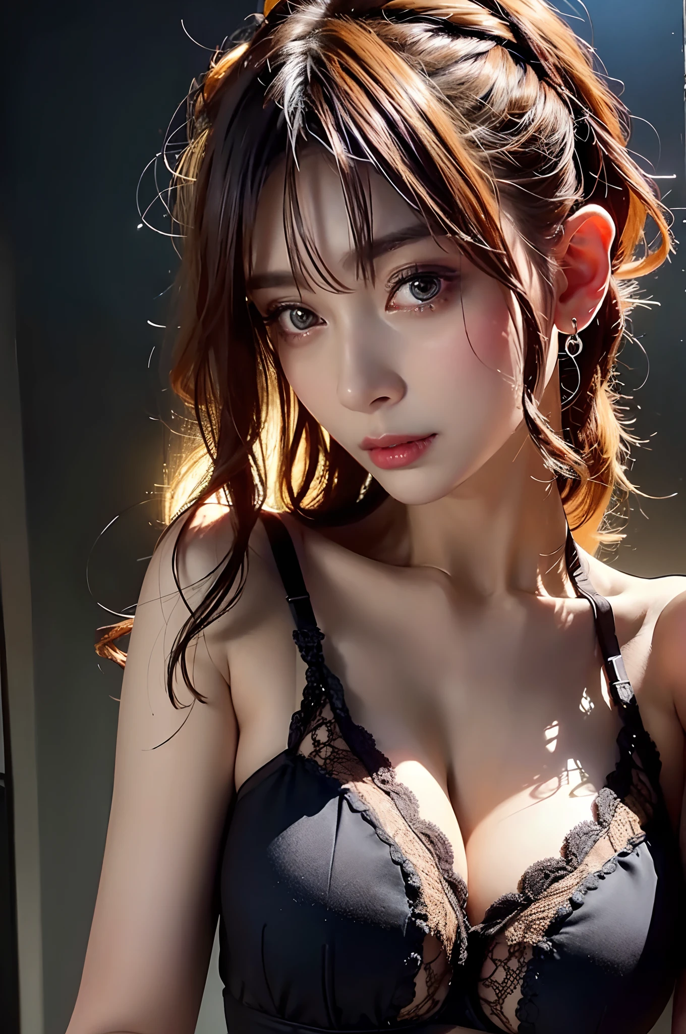 (Front Focus)、(Dark: 1.6)、Hyperrealist female portrait by David Hockney and Alphonse Mucha、Fantasy Art、photoRealstic、Dynamic lighting、art  stations、poster for、Volume Lighting、extra detailed face、16 K、NSFW.女の子1人、sixteen years old、perfectbody、cleavage of the breast、in the darkness nigth、deep-shadows、(sexy lingerie:1.4)、