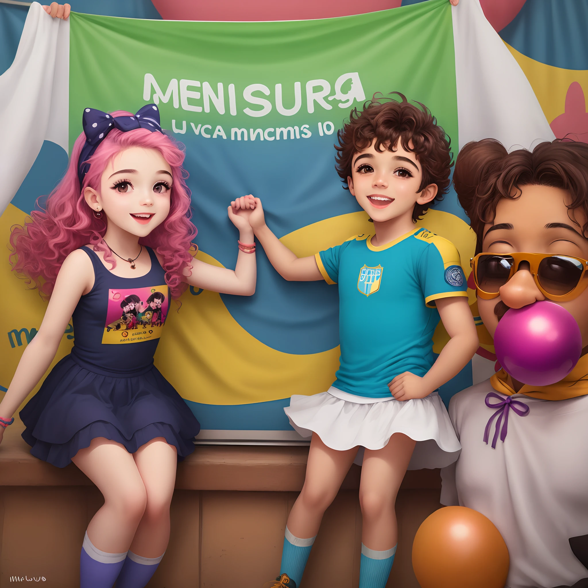 Crie um banner com cores divertidas, com um menino e uma menina escrito M. Luiza & M. Vinicius