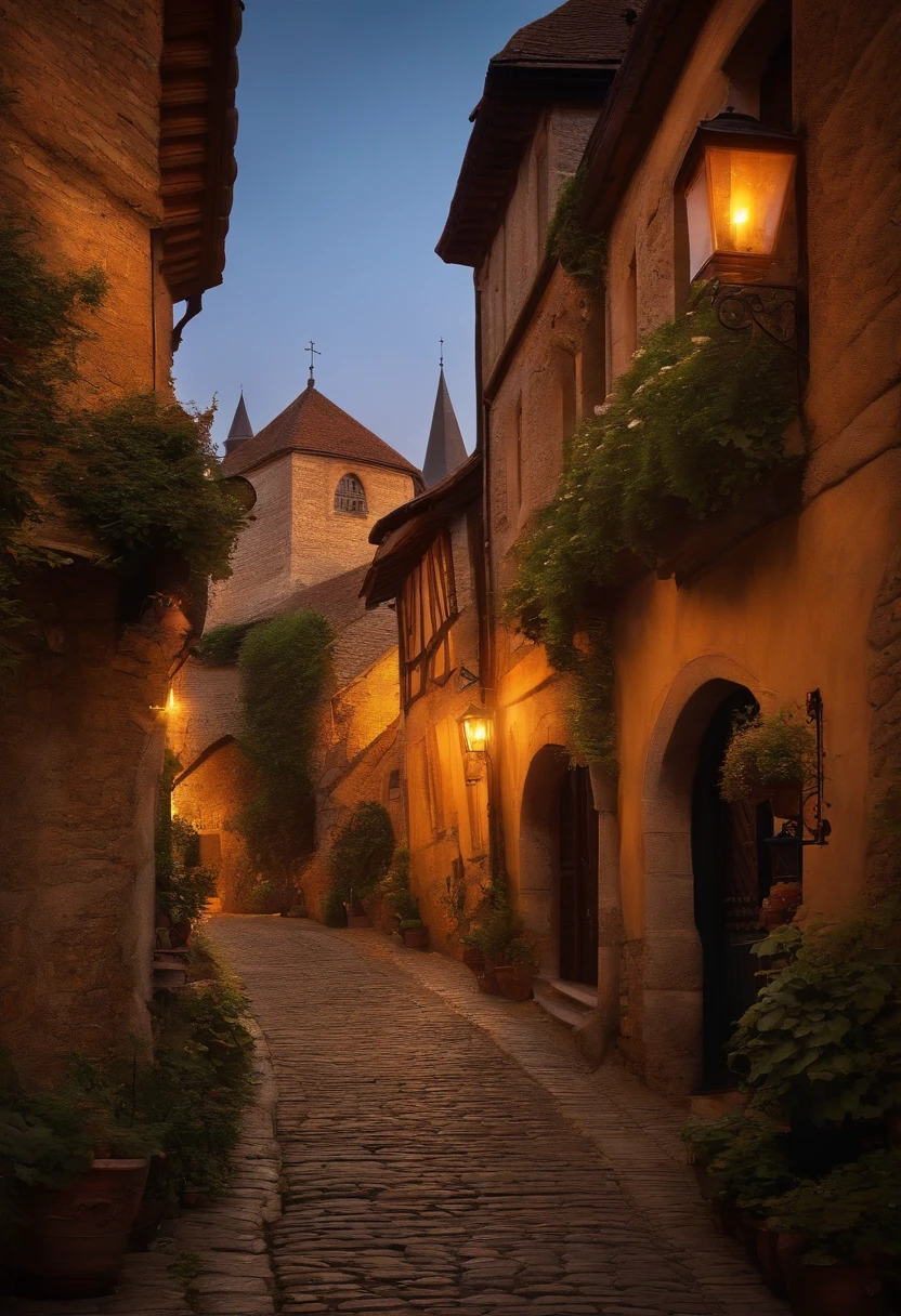 Townscape of medieval Europe morning glow