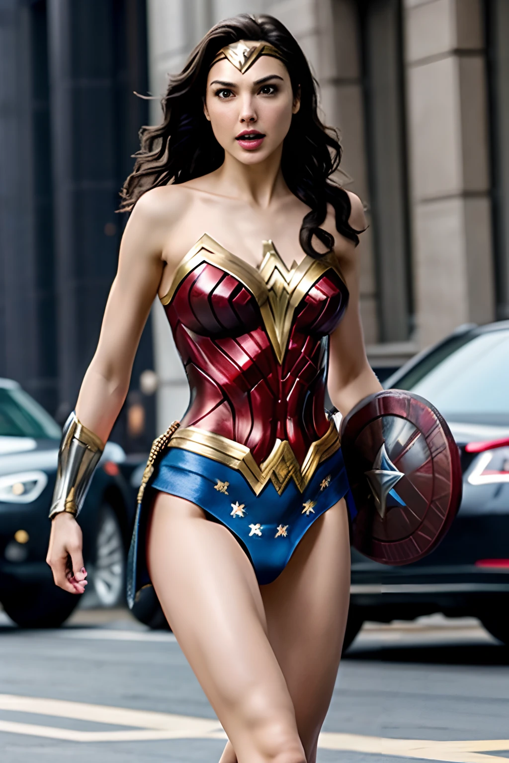 (DC's Wonder Woman Super Heroine sexy), roupa curta e sexy decote mostrando seios perfeitos, ultra hd, guerreira amazonas, Qualidade de imagem superior、8K sharp photos、luz suave natural、sozinho、looking at the camera、foto de corpo inteiro、pele detalhada、Detailed proportions、Miss Universo Beleza Adulta、cabelos castanhos curtos、seios grandes e cheios、((Fantasia Sexy Mulher Maravilha usando sua armadura vermelho e azul))、(((vento levantando sua mini saia mostrando a bunda grande))), Sexy random pose with guns、Factory location、(calcinha fio dental, calcinha de lado mostrando pelos pubianos, cabeluda), garota maravilha usando armadura sexy, boquinha aberta, safada