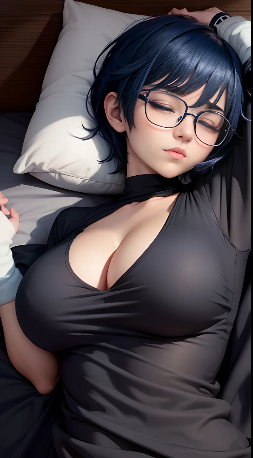 a one-character girl with short, neck-length blue hair, round glasses, and a black rock shirt. big breasts and big ass, it is covered by a black blanket. She is sleeping lying on a bed.