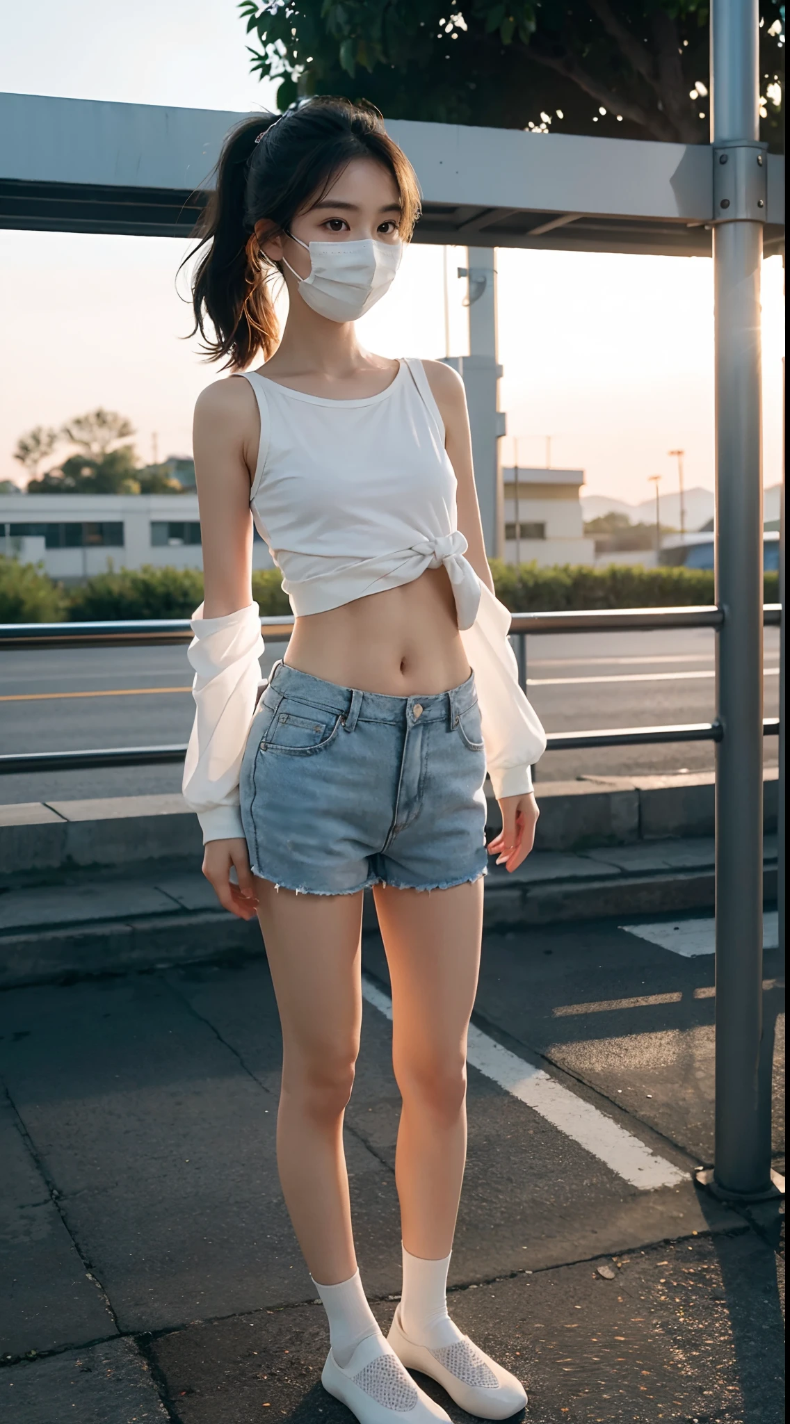 ((Small underboob)), (shoulder length straight short hair: 1.2), （Extremely meticulous CG 8k wallpaper），（Extremely refined and beautiful），（Masterpiece），（best qualtiy：1.0），（Ultra High Resolution：1.0），beautiful light up，Perfect lightning，realistic shaded，[A high resolution]，Smooth and flawless fair skin，Extremely exquisite facial details，（perfect body：1.1），ultra - detailed，A beautiful girl，small head，Short ponytail,(Small breasts:1.1)，Flat chests，slim，thin，Smile，cheerfulness，（oversized longline long sleeved off white Tee:1.1），（Light gray sports shorts:1.1）,Light gray mask,White socks,slippers，Summer，Dusk, sunset light，Standing at the school gate，Close Shot，Surrounded by a crowded crowd