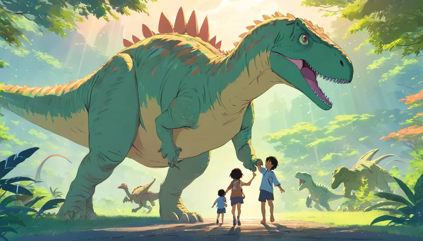 Dinosaurs playing with children