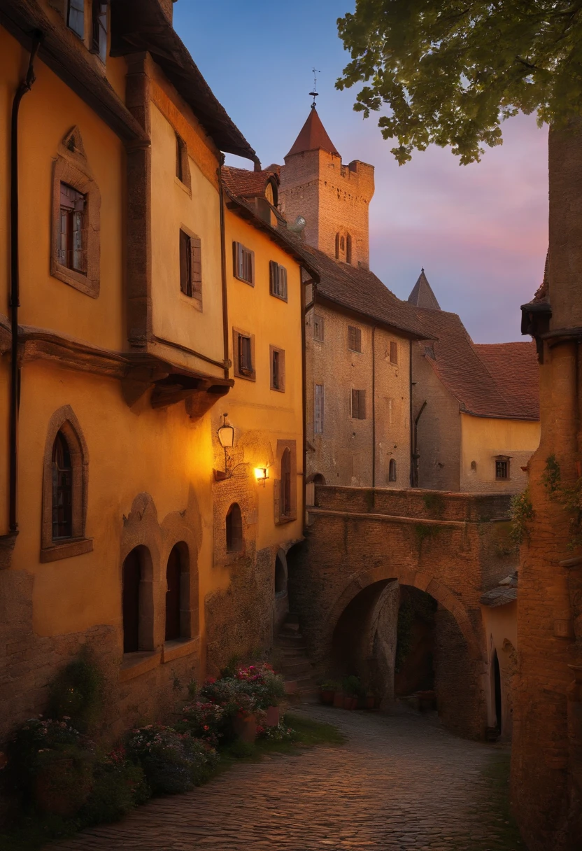 Townscape of medieval Europe　morning glow　Upper air