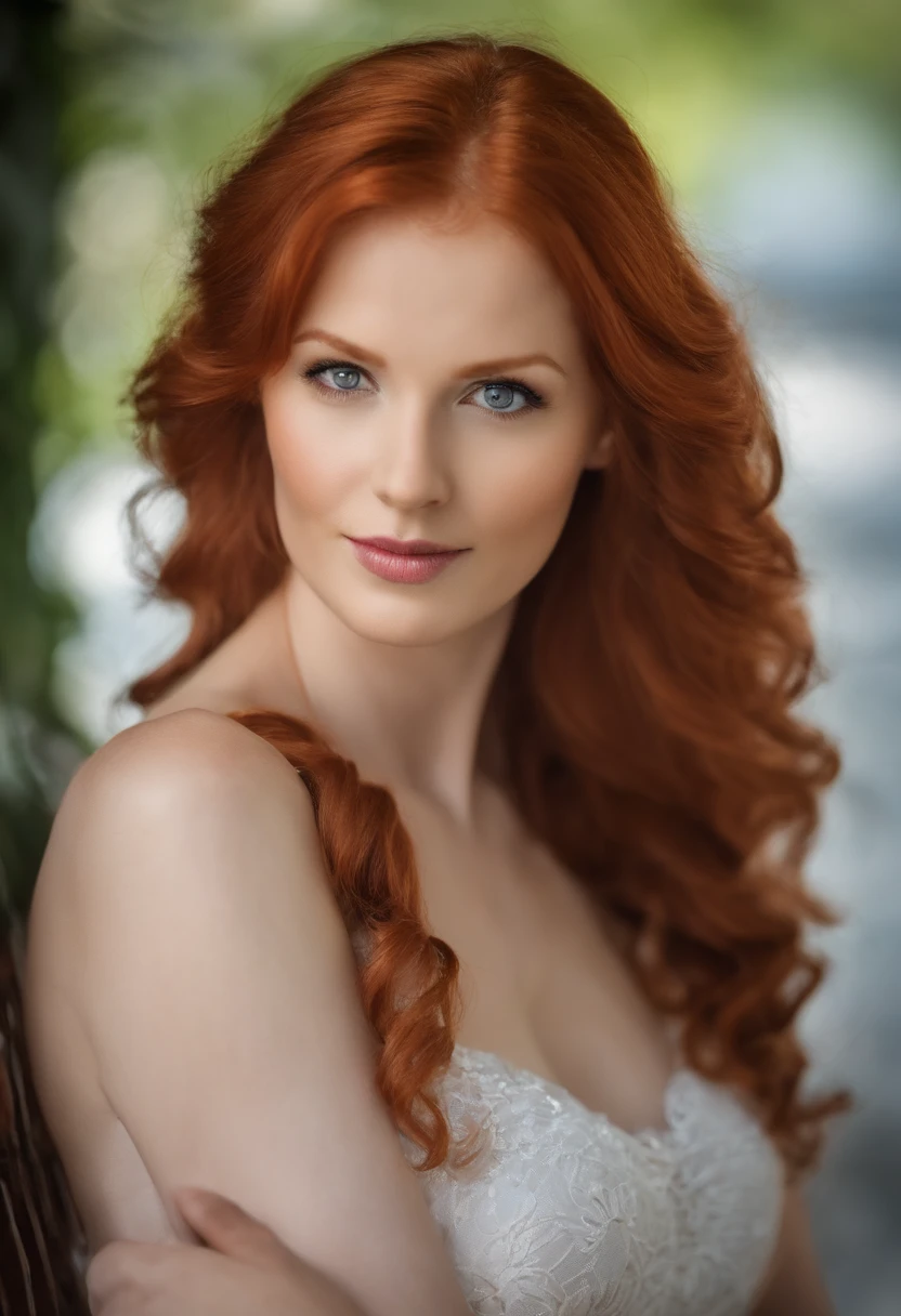 fille dans, 19 ans, seulement, cheveux longs et rouge, Colossal, Regarder le spectateur, cheveux roux, bare shoulders, yeux bruns, bijoux, corps entier, un collier, off shoulders, Chandails, Realstic, sexy, face camera