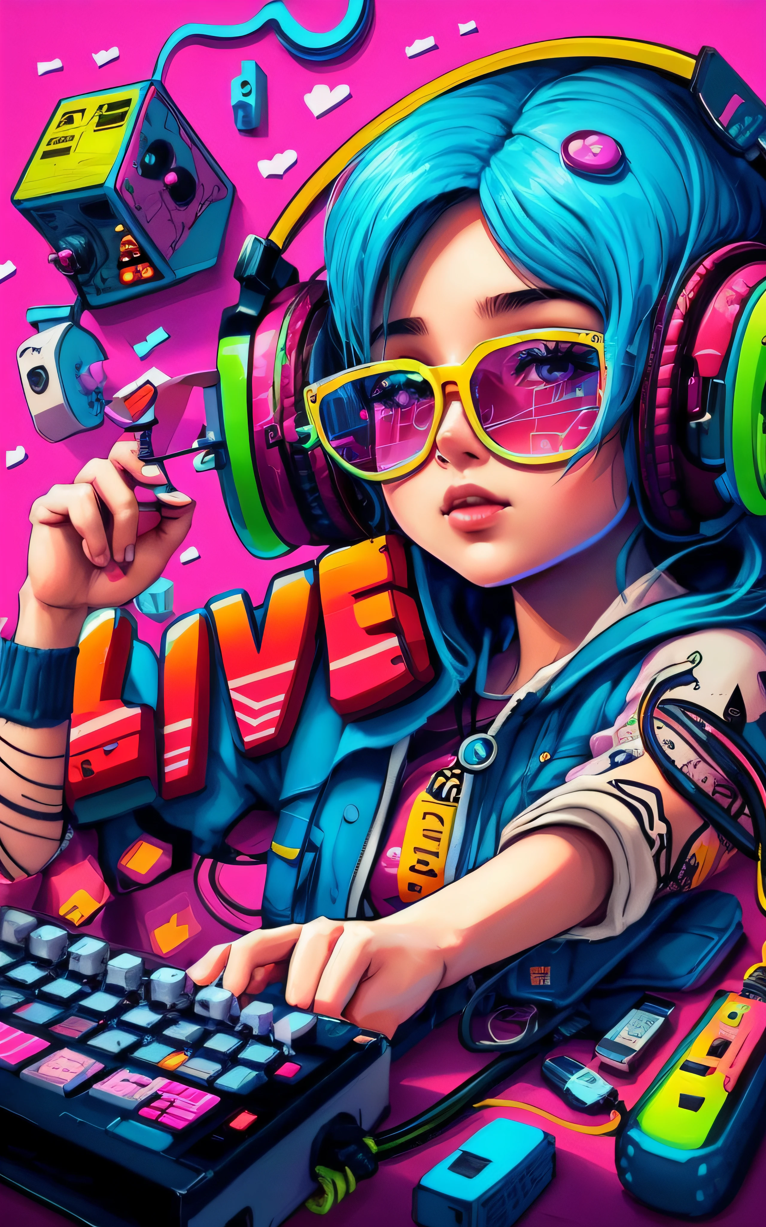 uma  com fones de ouvido e um teclado na frente de um fundo rosa, detailed game art illustration, epic digital art illustration, decora inspired illustrations, arte do jogo ultra detalhada, arte do jogo, Estilo de arte cyberpunk, Game Illustration, Estilo de arte cyberpunk, estilo de arte impressionante, 2d digital illustration, Estilo de Arte Synthwave, rossdraw desenho animado vibrante, Estilo de Arte Synthwave ]!!