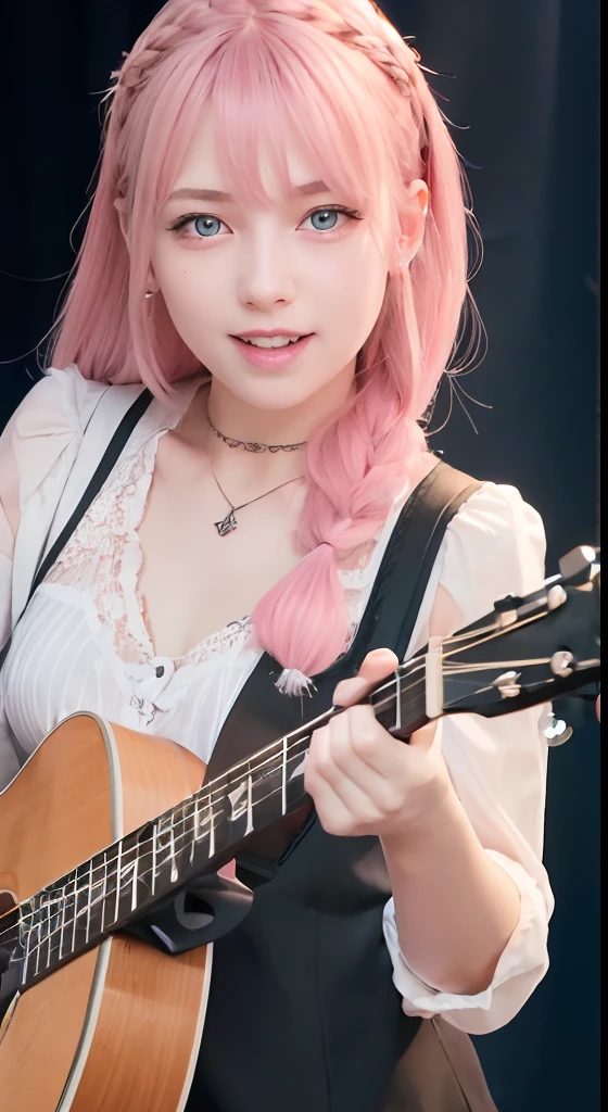 (ultra-detailliert), As black、high-school uniform、Blue eyes,The upper part of the body、a closeup、faces、(A smile:1.5),(facing front:1.2),(masutepiece:1.3, Best Quality, Photorealistic, Ultra-detailed, Wallpaper), 1 beautiful girl, Band Group Vocals, Holding an electric guitar and singing a song, Stand Microphone, Mouth open, Beautiful face, Detailed face, Beautiful eyes, Detailed eyes, Looks fun、Smiling, Necklace, Detailed guitar, (Straight guitar neck and 6 strings), Only 1 person,Pink Hair Medium Hair, (Pink hair), Ear Hair, small tits, Single braid, (Single braid), (Side braid),on a stage, Spotlight, Look at the viewer、small tits