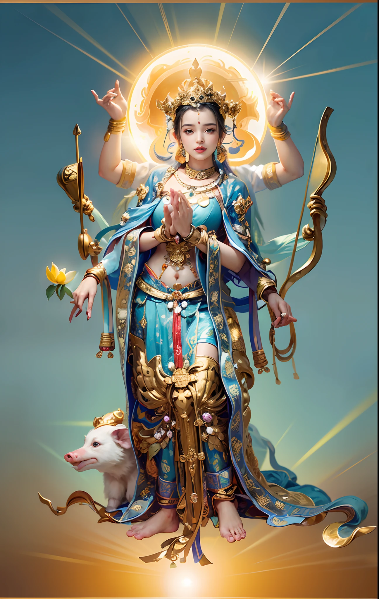 Beautiful woman sitting in a golden car, (((Golden lotus throne))),The woman wears a light blue dress,Light blue pants,(((Head background with round light))),(((Behind it is the sun))),(((Women emit bright and dazzling blue light))),Women have three heads,In total, The arm has eight mudras,Take all kinds of metal weapons,Barefoot on both feet,There are seven piglets pulling carts in front,goddess of love and peace, indian goddess of wealth, Heavenly Bodhisattva, goddess art, goddess of wisdom, an ancient Chinese goddess,photorealestic,professional photoshooting,Realiy,超高分辨率,tmasterpiece,