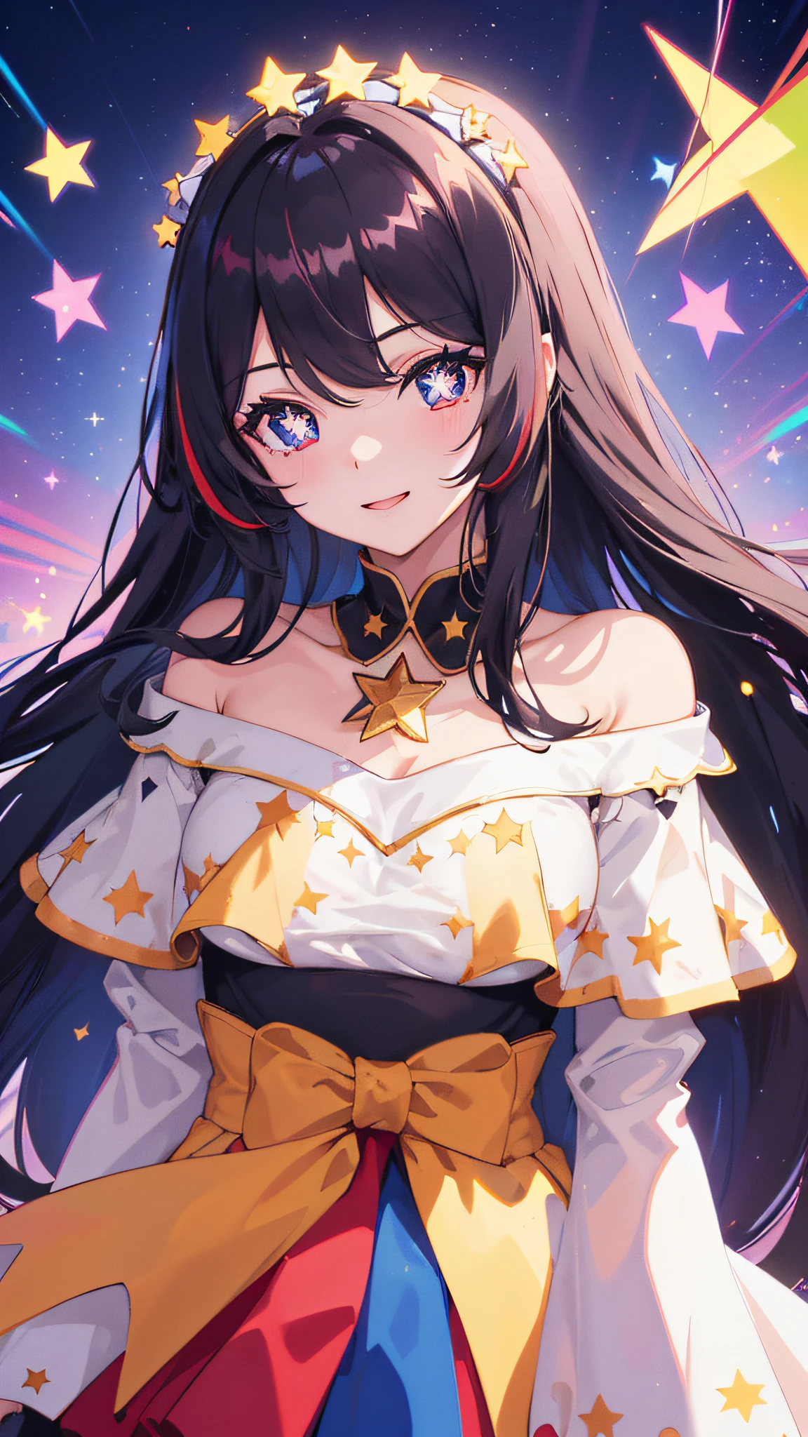 (masterpiece, best quality), ((1girl, (mature female) long hair), (star-shaped pupils, +_+, symbol-shaped pupils, sparkling eyes)), (looking at viewer, light smile, off shoulder), (multicolored background, abstract background, chromatic aberration),