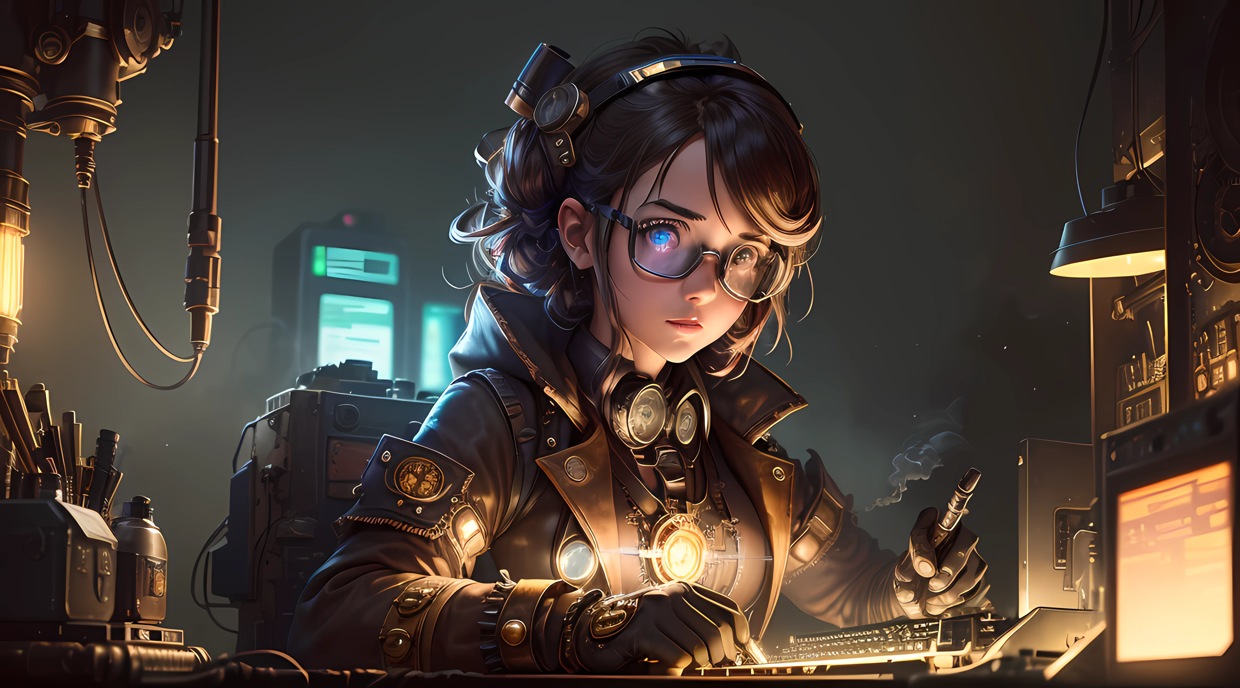 (a girl working on a steampunk computer in the dark,steampunk outfit,goggles,mechanical keyboard,glowing screen,steampunk details,vintage accessories,dimensional gears,wires and pipes,industrial setting,smoke and steam,brightly lit keyboard),(best quality,ultra-detailed,realistic:1.37),steampunk art,colorful tones,soft glow lighting