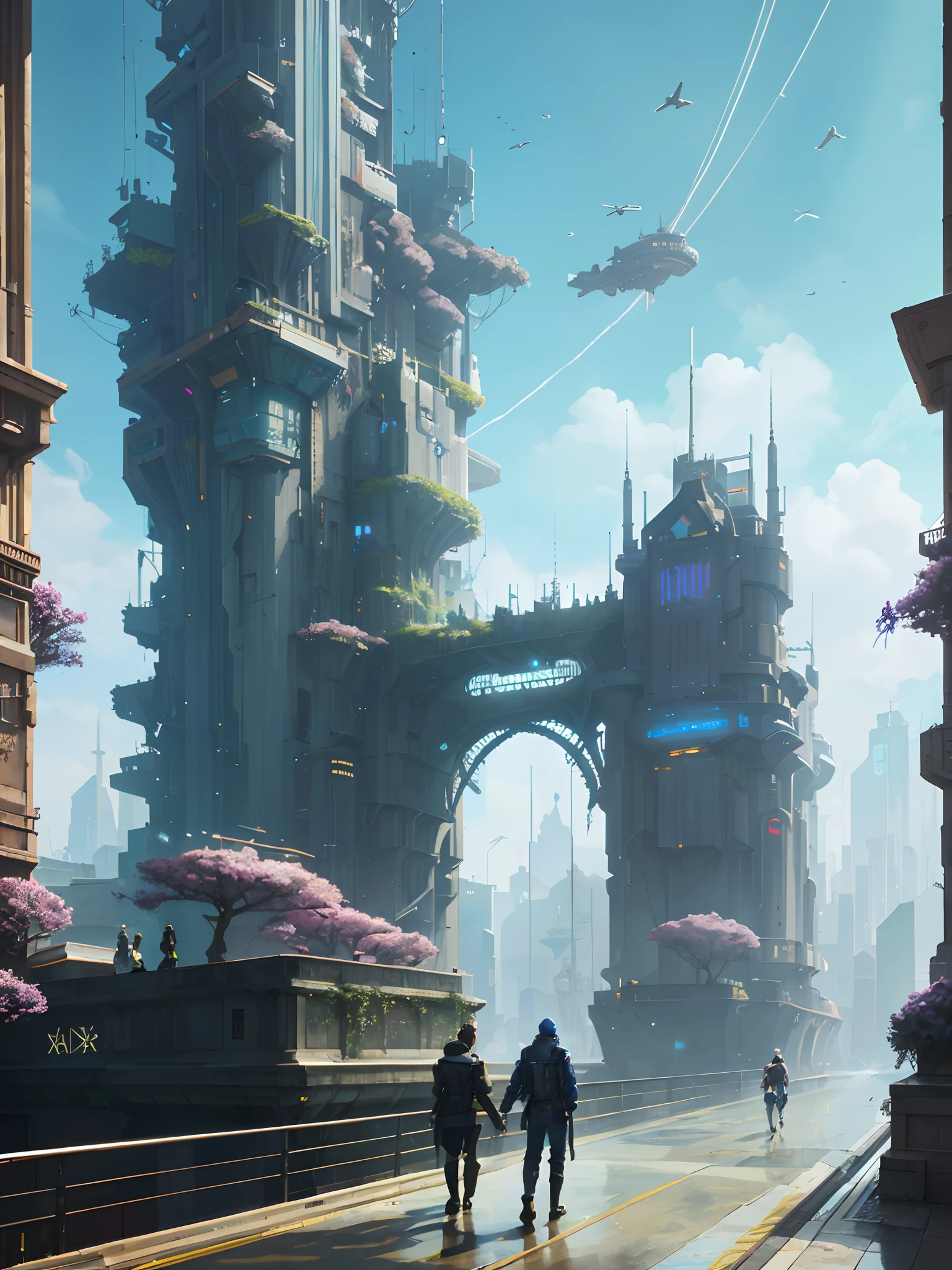 a couple walking on the street, futuristic city, Paul Rail and Beepul, fantasy SCI-FI city, stations and beeping sound, cyberpunk cathedral, inspired by Paul Rail, James Gurney and Andreas Rocha, cyberpunk castle, Greg Beepul, ancient sci-fi city, fantasy streetscape, in a futuristic cyberpunk city