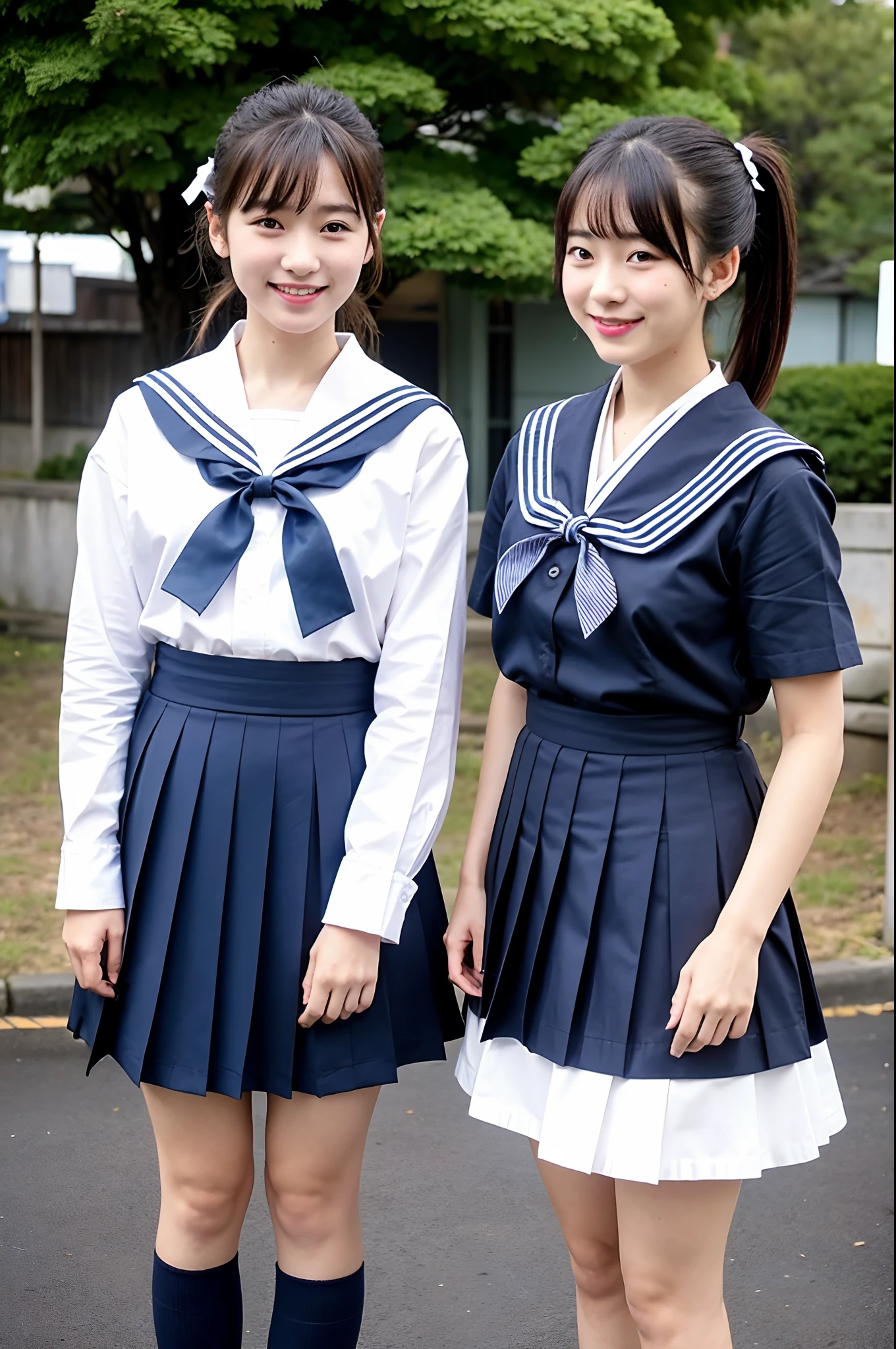 2 girls standing in old-Japan school yard,white sailor shirt with bow tie,indigo hakama bottom,shoes,small dark red bow on hair,18-year-old,bangs,a little smiles,low poneytail,from below