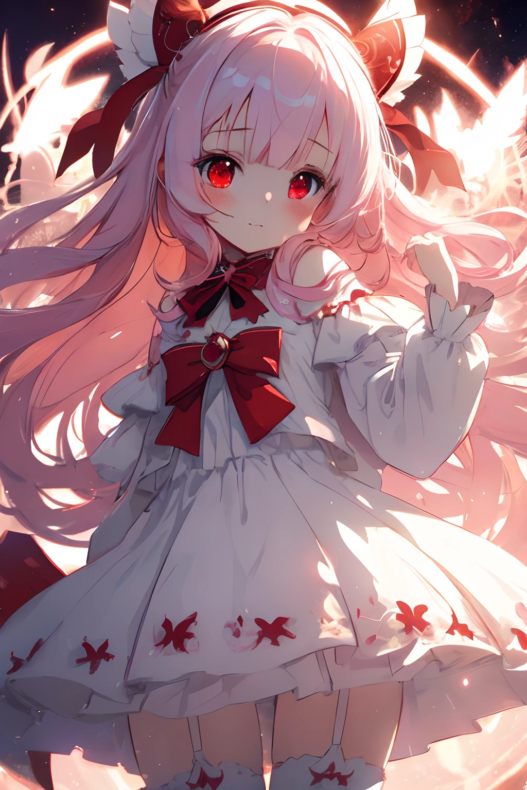 beautiful illustration, best quality, cute petit girl, (transform sequence), transform magical girl, chibi, white magical girl, fractal art, albino, babyface, long pure white and red mesh hair, beautiful detailed red eyes, cinematic lighting, cowboy shot, looking at viewer, from bottom, happy