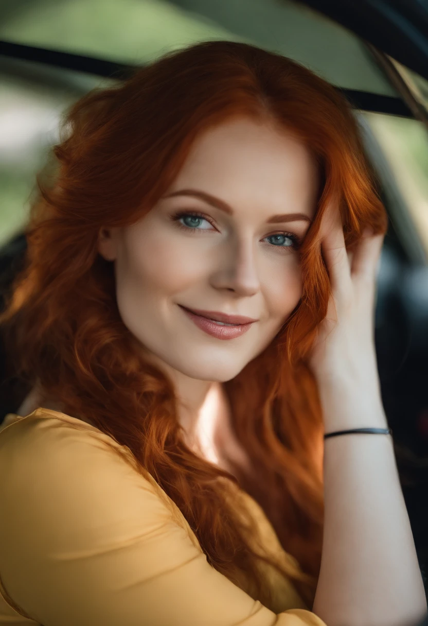 Es gibt eine Frau, who sits in the car and wears a pair of jeans pants, redhead girl, Beautiful red-haired woman, rothaarige Frau, Young redhead girl, kurzes, leuchtend rotes Haar, Red hair and attractive facial features, Anna Nikonova alias Newmilky, redhead girl, Rothaar, gorgeous woman, Posiert vor dem Spiegel, roter Kopf, mit kurzen roten Haaren, Selfie smiling