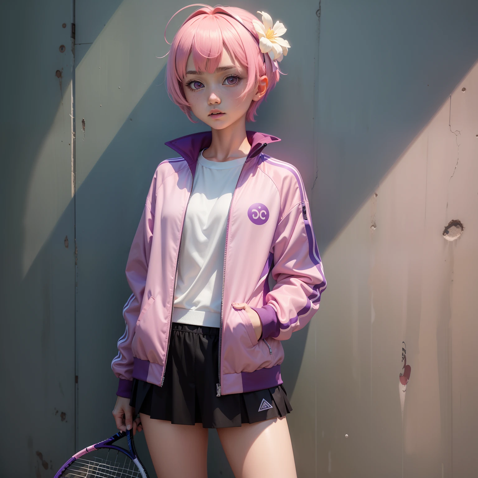 tennis coat,PH Momo, momohd, phmomo, Solo, 1girl in,  Pink hair, Purple eyes, Short hair, Hair Flower, Wear tennis wear, Big eyes, embarrassed,Holding a tennis racket in his right hand,The left hand does not hold anything,