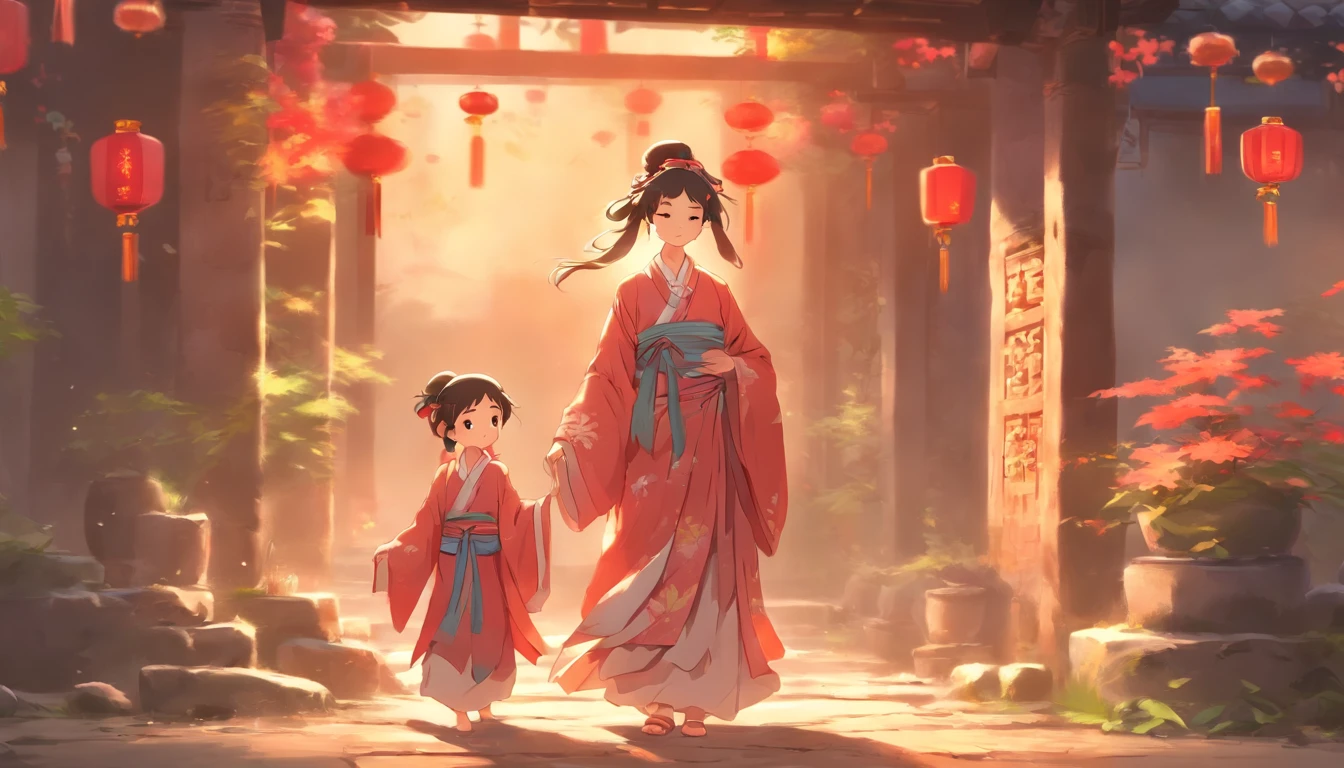 Poor in ancient style, Poor woman in ancient style, Cute little girl, A family of three, Tattered clothes, Everyday life scenes Chinese style
