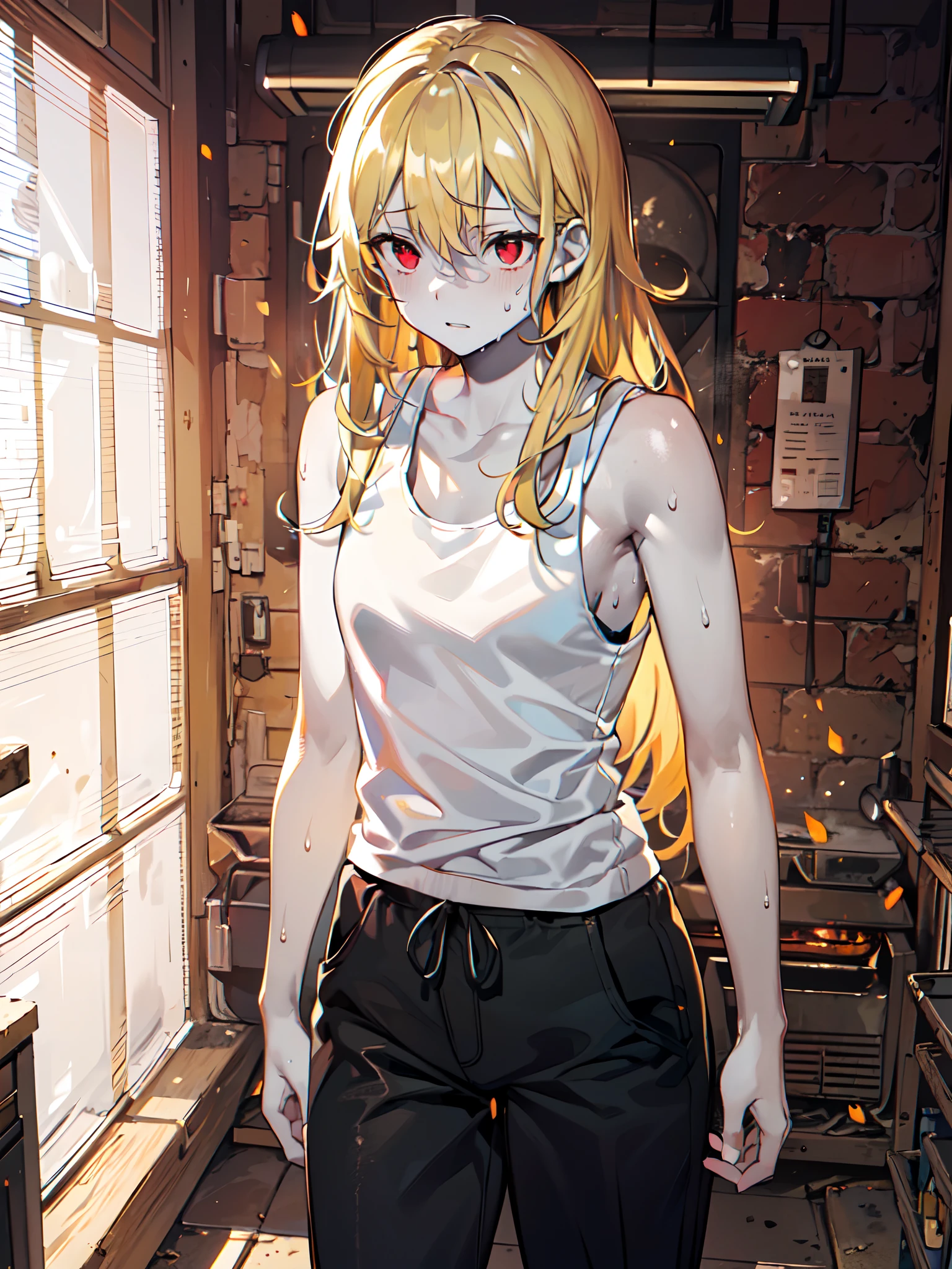 (masterpiece:1.2), (pale skin:1.2), (solo:1.2), (female:1.1), (emphasis lines:1.3), (adult:1.2), blonde, red eyes, long hair, (white tank top:1.2), (sweating:1.2), (indoors:1.1), (black workpants:1.2), (blacksmith:1.1), (dark:1.2), (bare shoulders:1.1), furnace