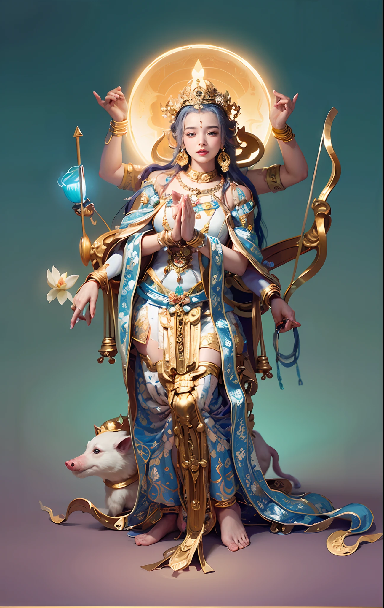 Beautiful woman sitting in a golden car, (((Golden lotus throne))),The woman wears a light blue dress,Light blue pants,(((Head background with round light))),(((Behind it is the sun))),(((Women emit bright and dazzling blue light))),Women have three heads,In total, The arm has eight mudras,Take all kinds of metal weapons,Barefoot on both feet,There are seven piglets pulling carts in front,goddess of love and peace, indian goddess of wealth, Heavenly Bodhisattva, goddess art, goddess of wisdom, an ancient Chinese goddess,photorealestic,professional photoshooting,Realiy,超高分辨率,tmasterpiece,