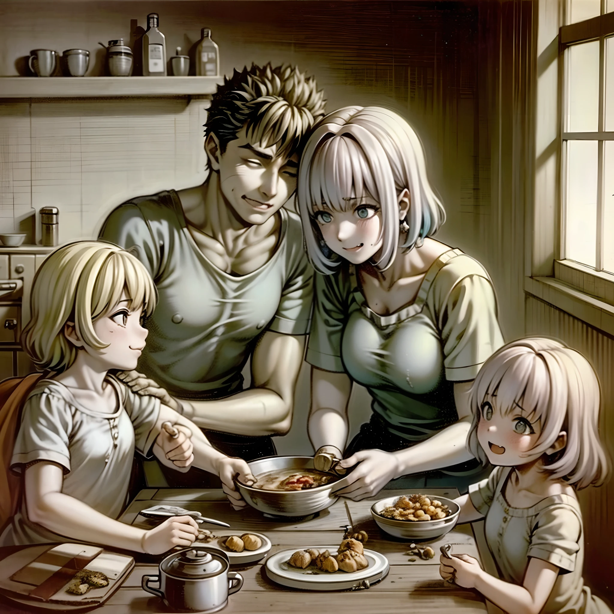 riamu yumemi,guts,couple,husband and wife,riamu motherly,house wife,cooking,mother and son,children,family,happy,(best quality,4k,8k,highres,masterpiece:1.2),ultra-detailed,(photo1.37),joyful,loving,embrace,adorable,cheerful,blissful,togetherness,warmth,smiles,vibrant colors,sunshine,beautifully lit,cosy home,harmonious,family bond,making memories,satisfying meal,homemade food,laughter,motherly affection,playful kids,herb garden,spacious kitchen,life's small joys,dreamy,wholesome,carefree,affectionate gaze,authentic moments,harmony of love and simplicity,unconditional love,tranquil,heartwarming,captured memories,cherished moments,intergenerational love,endless laughter,tight-knit,fond memories,blessed family,treasuring time together,priceless happiness