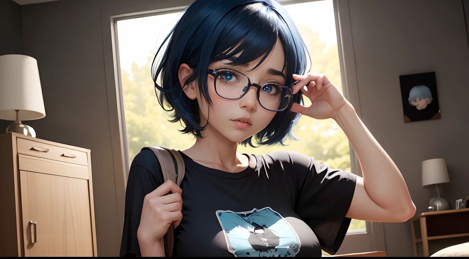 a one-character girl with short, neck-length blue hair, round glasses, and a black rock shirt. big breasts and big ass, it is covered by a black blanket. She wakes up and walks from the living room to the kitchen