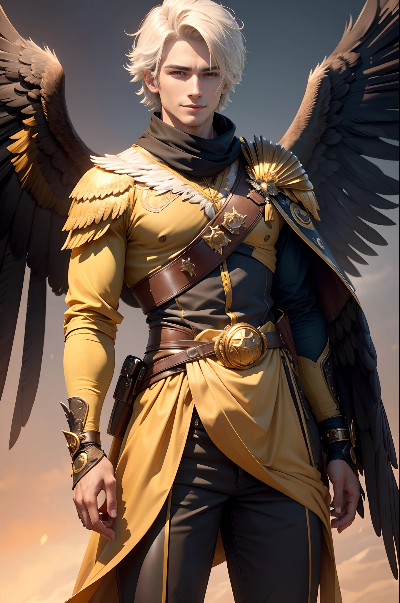 8K,Photorealsitic Raw photography top-quality;1.4) (1 Adult Eagle Boy) Personification of a super handsome eagle (Lifelike face) Personification of the eagle Personification of the eagle Black and yellow exterior Black and yellow pants Golden decoration Beautiful expression 超A high resolution A smile Precise details Realistic coat wings grow from the back Equip the sword on the waist