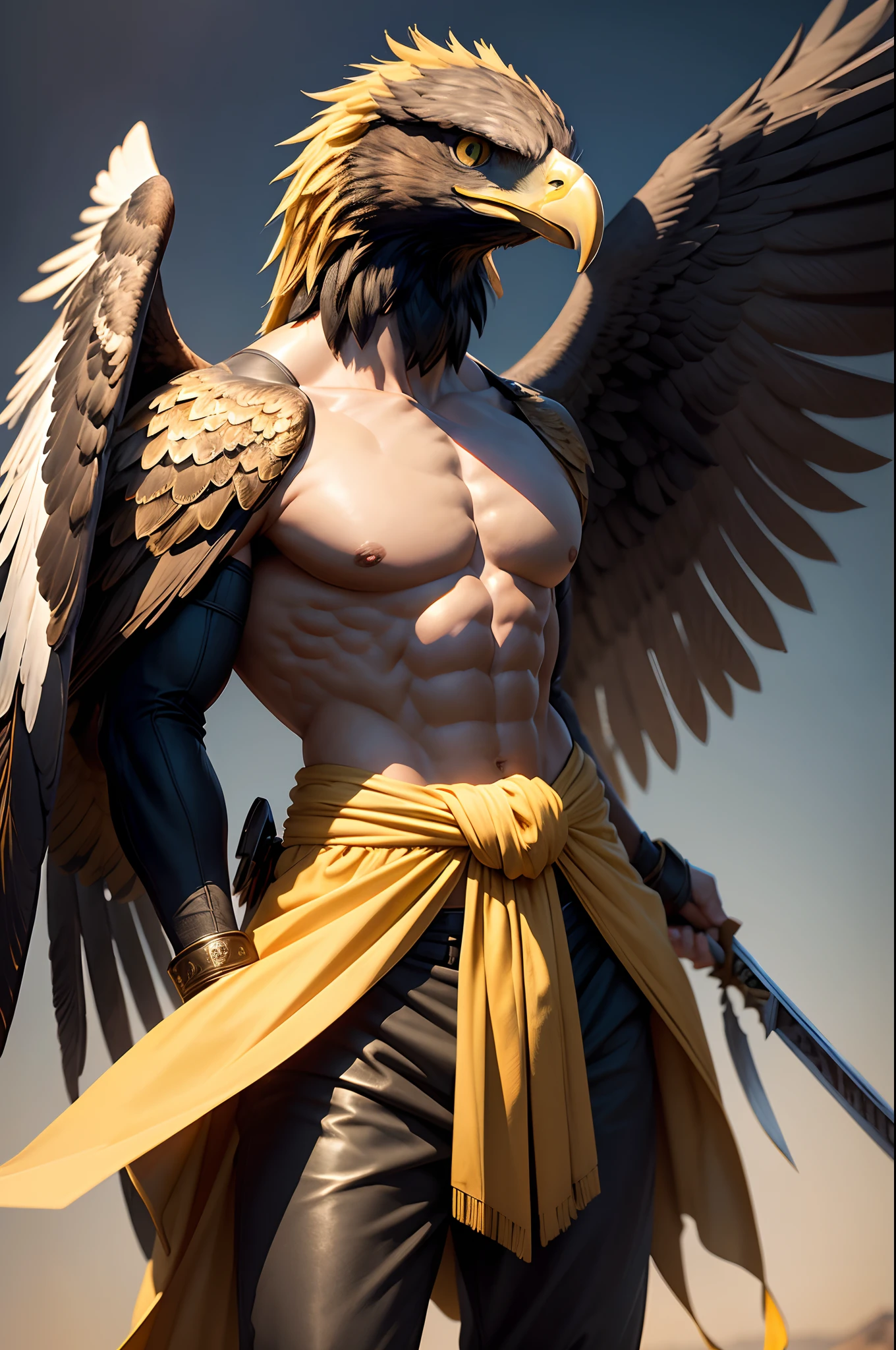 8K,Photorealsitic Raw photography top-quality;1.4) (1 Adult Eagle Boy) Personification of a super handsome eagle (Lifelike face) Personification of the eagle Personification of the eagle Black and yellow exterior Black and yellow pants Golden decoration Beautiful expression 超A high resolution A smile Precise details Realistic coat wings grow from the back Equip the sword on the waist