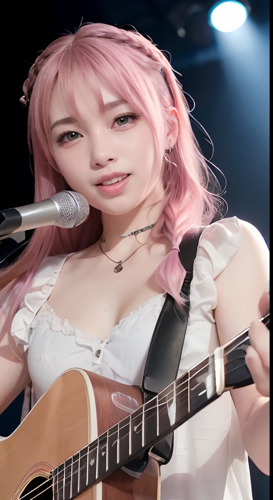 (ultra-detailliert), As black、high-school uniform、Blue eyes,The upper part of the body、a closeup、faces、(A smile:1.5),(facing front:1.2),(masutepiece:1.3, Best Quality, Photorealistic, Ultra-detailed, Wallpaper), 1 beautiful girl, Band Group Vocals,  Holding an electric guitar and singing a song, Stand Microphone, Mouth open, Beautiful face, Detailed face, Beautiful eyes, Detailed eyes, Looks fun、Smiling, Necklace, Detailed guitar, (Straight guitar neck and 6 strings), Only 1 person,Pink Hair Medium Hair, (Pink hair), Ear Hair, small tits, Single braid, (Single braid), (Side braid),on a stage, Spotlight, Look at the viewer、small tits