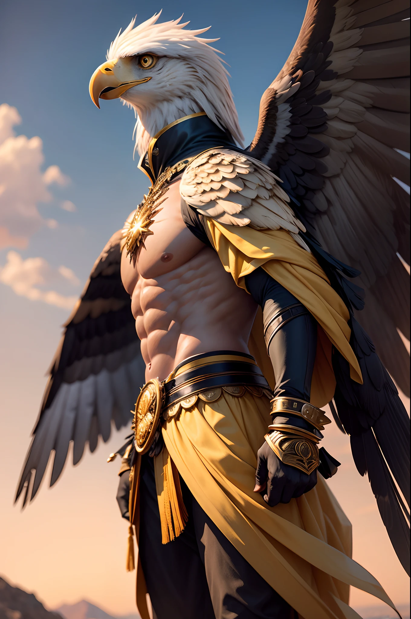 8K,Photorealsitic Raw photography top-quality;1.4) (1 Adult Eagle Boy) Personification of a super handsome eagle (Lifelike face) Personification of the eagle Personification of the eagle Black and yellow exterior Black and yellow pants Golden decoration Beautiful expression 超A high resolution A smile Precise details Realistic coat wings grow from the back Equip the sword on the waist