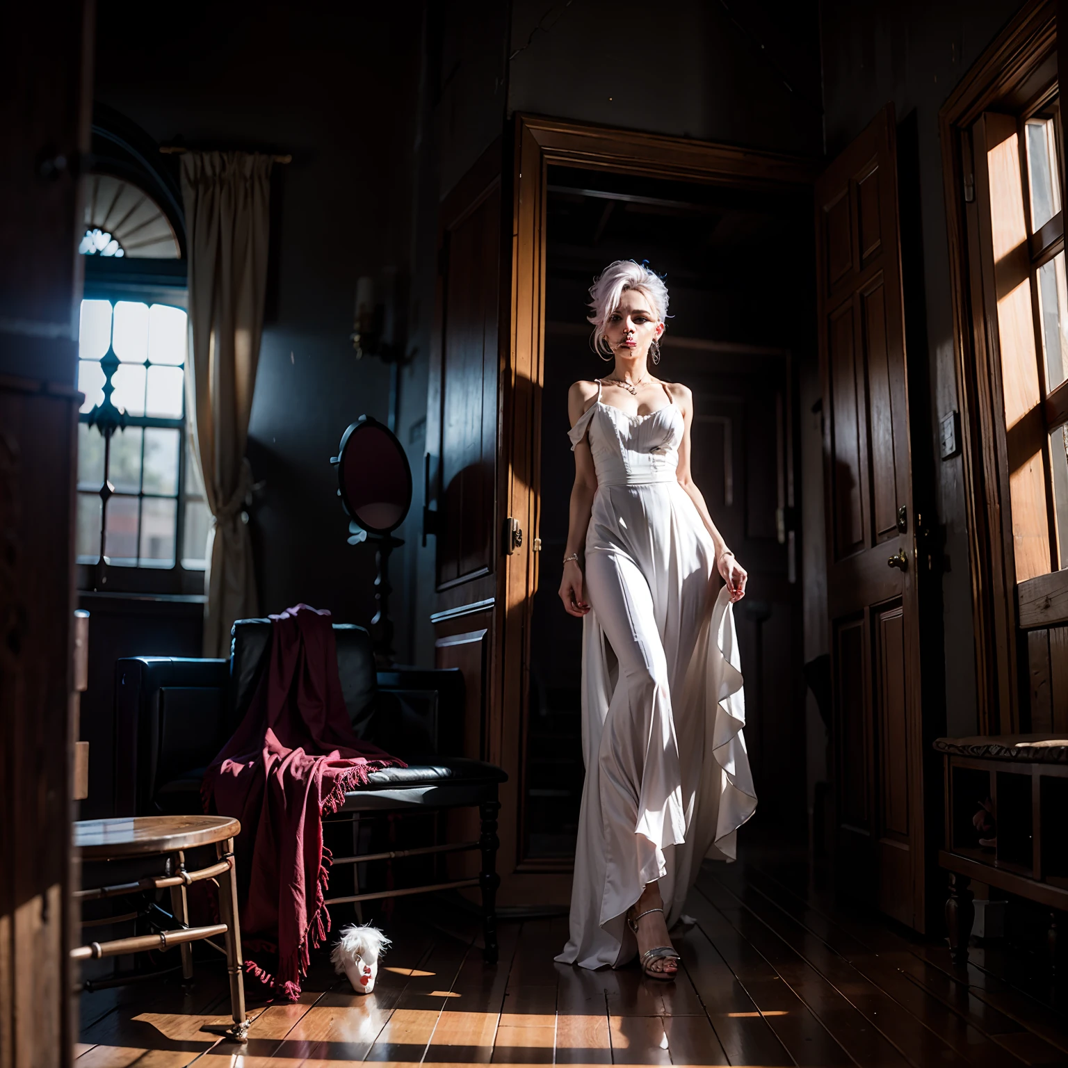 Woman in a white dress standing in a room with a ghost, pale young ghost girl, fantasma de uma menina jovem, Quarto fantasma, fantasma assustador, ghostly ghost, ghostly figure, Quarto abandonado liminar assombrado, assombrando a jovem bonita, imagem assustadora espiritual, Senhorita Aniela, creepy and dramatic atmosphere, foto de terror, ghostly, dentro de uma casa mal-assombrada