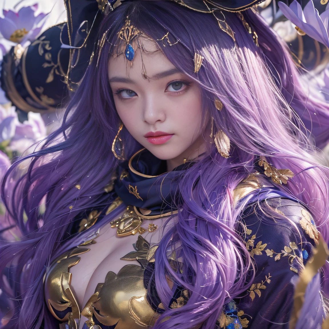 Genki Girl 32K（tmasterpiece，k hd，hyper HD，32K）Long flowing bright purple hair，Autumn Pond，zydink， a color， Asian people （Genki girl）， （Black and gold scarf）， Combat posture， looking at the ground， long whitr hair， Floating bright purple， Fire cloud pattern gold tiara， Chinese long-sleeved gold silk garment， （Abstract metaverse splash：1.2）， white backgrounid，Lotus vitality protector（realisticlying：1.4），Bright purple hair，Smoke on the road，The background is pure， A high resolution， the detail， RAW photogr， Sharp Re， Nikon D850 Film Stock Photo by Jefferies Lee 4 Kodak Portra 400 Camera F1.6 shots, Rich colors, ultra-realistic vivid textures, Dramatic lighting, Unreal Engine Art Station Trend, cinestir 800，A girl with long flowing bright purple hair