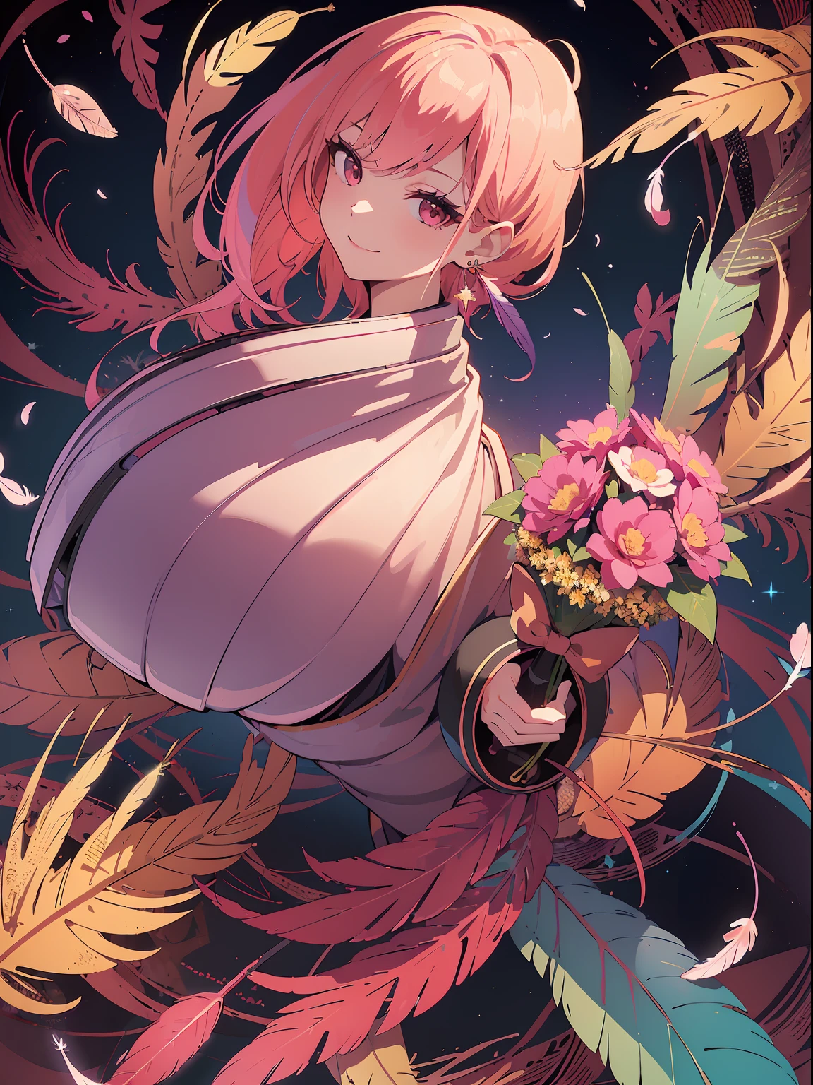 (masutepiece, of the highest quality, Best Quality, Official art, Beautiful and aesthetic:1.2), (1girl in:1.3), Extremely detailed,(Fractal Art:1.1),(Colorful:1.1)(Flowers:1.3),highest details,(Zentangle:1.2), (Dynamic Pose), (Abstract background:1.3), (Shiny skin), (Many colors:1.4), ,(earrings), (Feathers:1.5) , (Flamethrower:1.3),Red background,Phoenix dress,A pink-haired,Like 8000,((huge bust:1.5)),glad,Gentle smile,Give a bouquet of flowers to your audience,