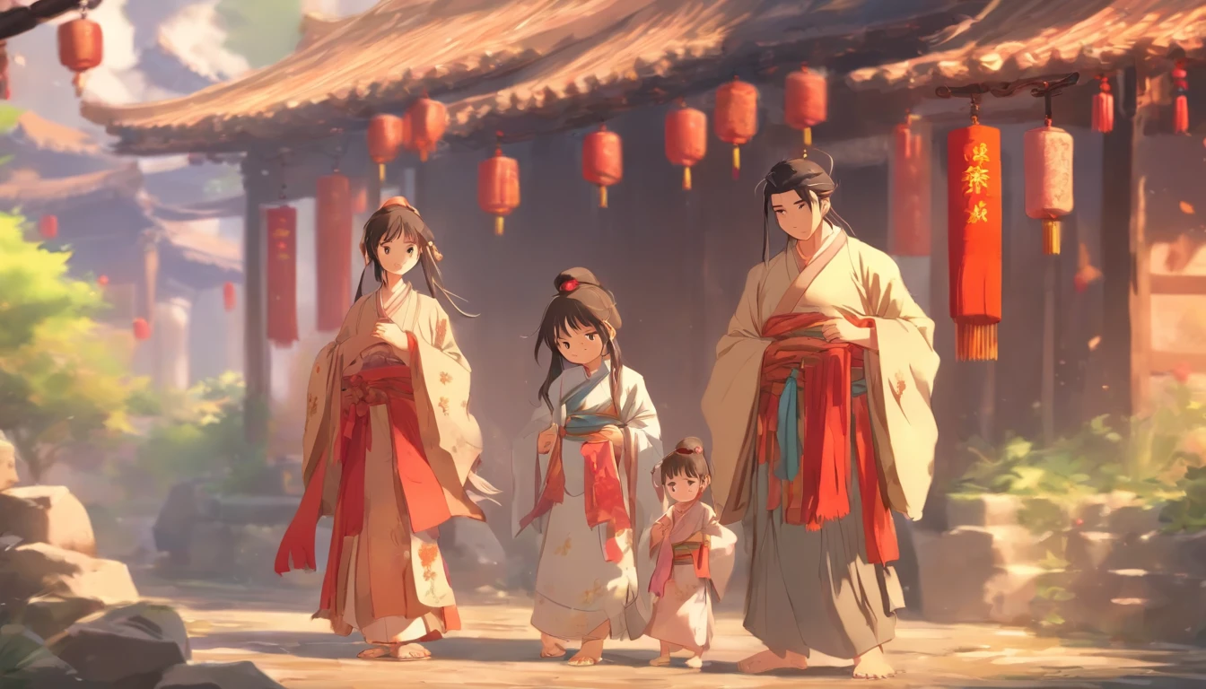Poor Man in Ancient Style, Poor Woman in Ancient Style, Cute Girl, A Family of Three, Tattered Clothes, Daily life scene Chinese style