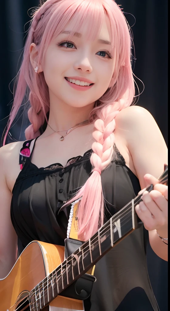 (ultra-detailliert), Black jako、high-school uniform、Blue eyes,The upper part of the body、a closeup、faces、(A smile:1.5),(facing front:1.2),(masutepiece:1.3, Best Quality, Photorealistic, Ultra-detailed, Wallpaper), 1 beautiful girl, Band Group Vocals,  Holding an electric guitar and singing a song, Stand Microphone, Mouth open, Beautiful face, Detailed face, Beautiful eyes, Detailed eyes, Looks fun、Smiling, Necklace, Detailed guitar, (Straight guitar neck and 6 strings), Only 1 person,Pink Hair Medium Hair, (Pink hair), Ear Hair, small tits, Single braid, (Single braid), (Side braid),on a stage, Spotlight, Look at the viewer、small tits