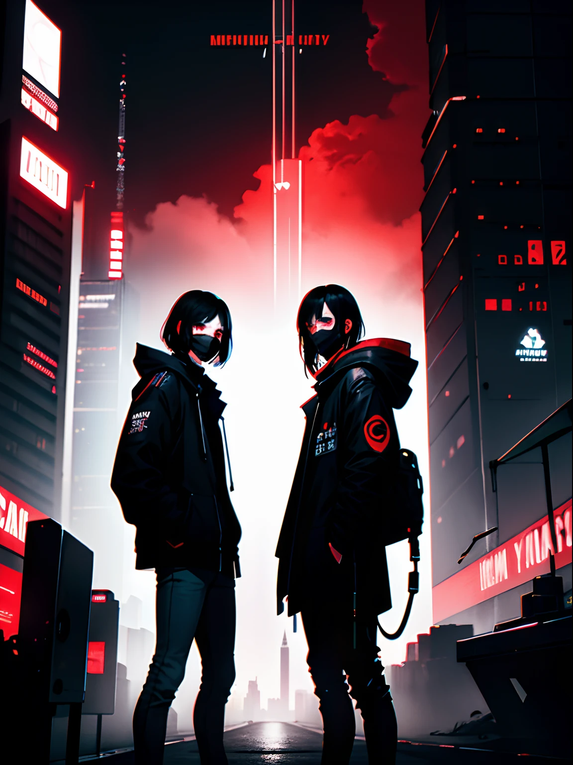 2 guys, black hair, red eyes, wearing mask, skinny jeans, cyberpunk night city background, absurdres, high res, ultrasharp, 8K, masterpiece, looking at viewer