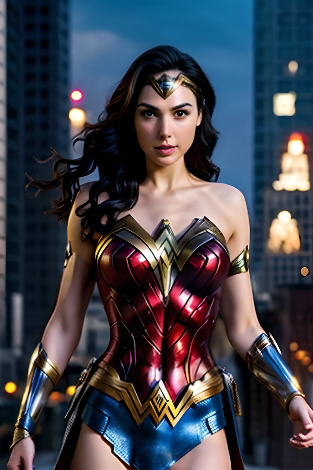 masterpiece, top-quality, hightquality, hight resolution, Cinematic soft lighting、Illuminate the amazingly detailed and ultra-realistic Wonder Woman trending on ArtStation。octane、It's the perfect tool to capture the softest details of this 16k photography masterpiece、New York City、Dress up like Wonder Woman、blue cloak、with disc-shaped round shield,、poneyTail、