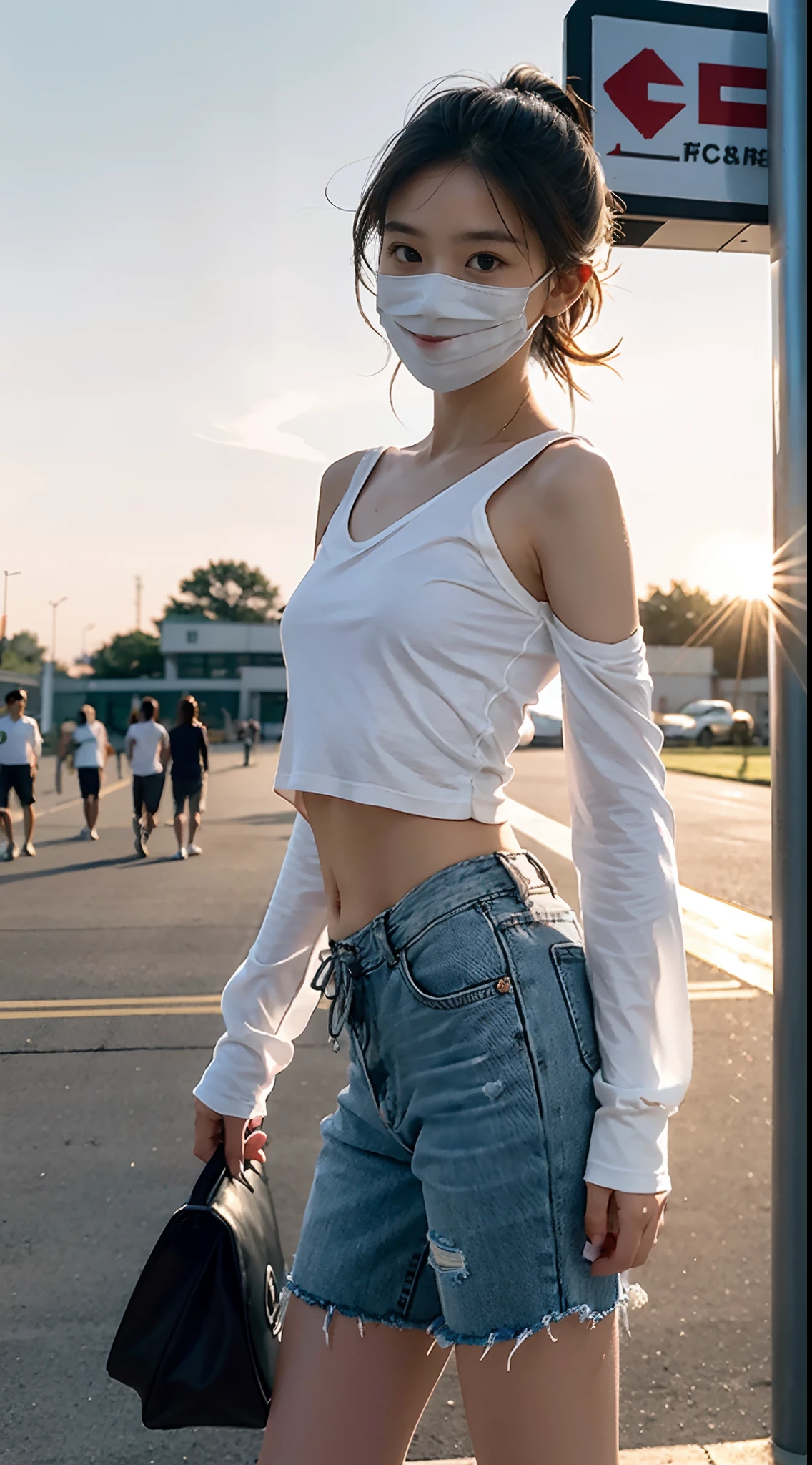 ((Small underboob)), (shoulder length straight short hair: 1.2), （Extremely meticulous CG 8k wallpaper），（Extremely refined and beautiful），（Masterpiece），（best qualtiy：1.0），（Ultra High Resolution：1.0），beautiful light up，Perfect lightning，realistic shaded，[A high resolution]，Smooth and flawless fair skin，Extremely exquisite facial details，（perfect body：1.1），ultra - detailed，A beautiful girl，small head，Short ponytail,(Small breasts:1.1)，Flat chests，slim，thin，Smile，cheerfulness，（oversized longline long sleeved off white Tee:1.1），（Light gray sports shorts:1.1）,Light gray mask,White socks,slippers，Summer，Dusk, sunset light，Standing at the school gate，Close Shot，Surrounded by a crowded crowd