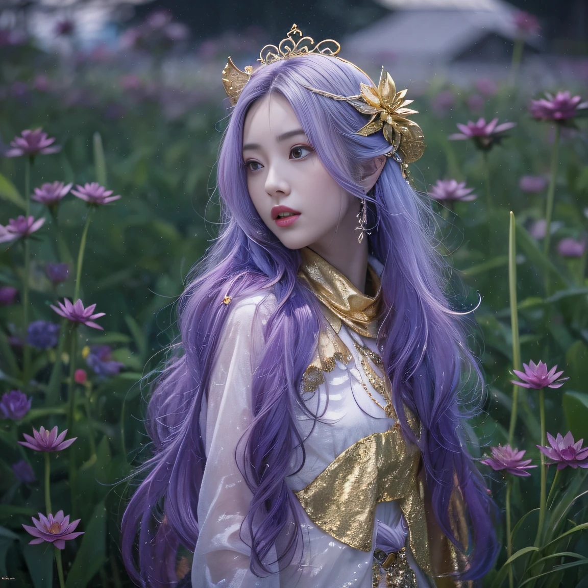 Genki Girl 32K（tmasterpiece，k hd，hyper HD，32K）Long flowing bright purple hair，Autumn Pond，zydink， a color， Asian people （Genki girl）， （Black and gold scarf）， Combat posture， looking at the ground， long whitr hair， Floating bright purple， Fire cloud pattern gold tiara， Chinese long-sleeved gold silk garment， （Abstract metaverse splash：1.2）， white backgrounid，Lotus vitality protector（realisticlying：1.4），Bright purple hair，Smoke on the road，The background is pure， A high resolution， the detail， RAW photogr， Sharp Re， Nikon D850 Film Stock Photo by Jefferies Lee 4 Kodak Portra 400 Camera F1.6 shots, Rich colors, ultra-realistic vivid textures, Dramatic lighting, Unreal Engine Art Station Trend, cinestir 800，A girl with long flowing bright purple hair