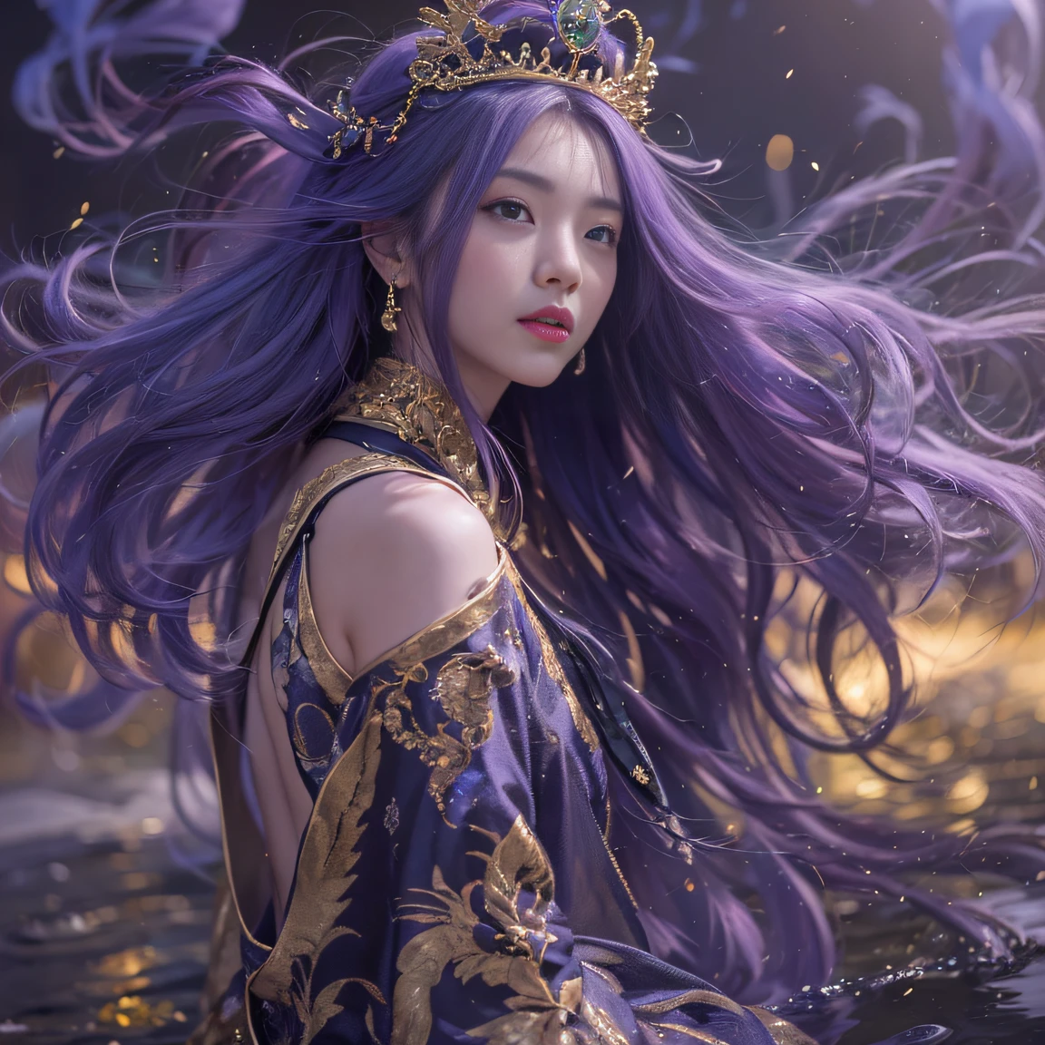 Genki Girl 32K(tmasterpiece,k hd,hyper HD,32K)Long flowing bright purple hair,Autumn Pond,zydink, a color, Asian people (Genki girl), (Black and gold scarf), Combat posture, looking at the ground, long whitr hair, Floating bright purple, Fire cloud pattern gold tiara, Chinese long-sleeved gold silk garment, (Abstract metaverse splash:1.2), white backgrounid,Lotus vitality protector(realisticlying:1.4),Bright purple hair,Smoke on the road,The background is pure, A high resolution, the detail, RAW photogr, Sharp Re, Nikon D850 Film Stock Photo by Jefferies Lee 4 Kodak Portra 400 Camera F1.6 shots, Rich colors, ultra-realistic vivid textures, Dramatic lighting, Unreal Engine Art Station Trend, cinestir 800,A girl with long flowing bright purple hair