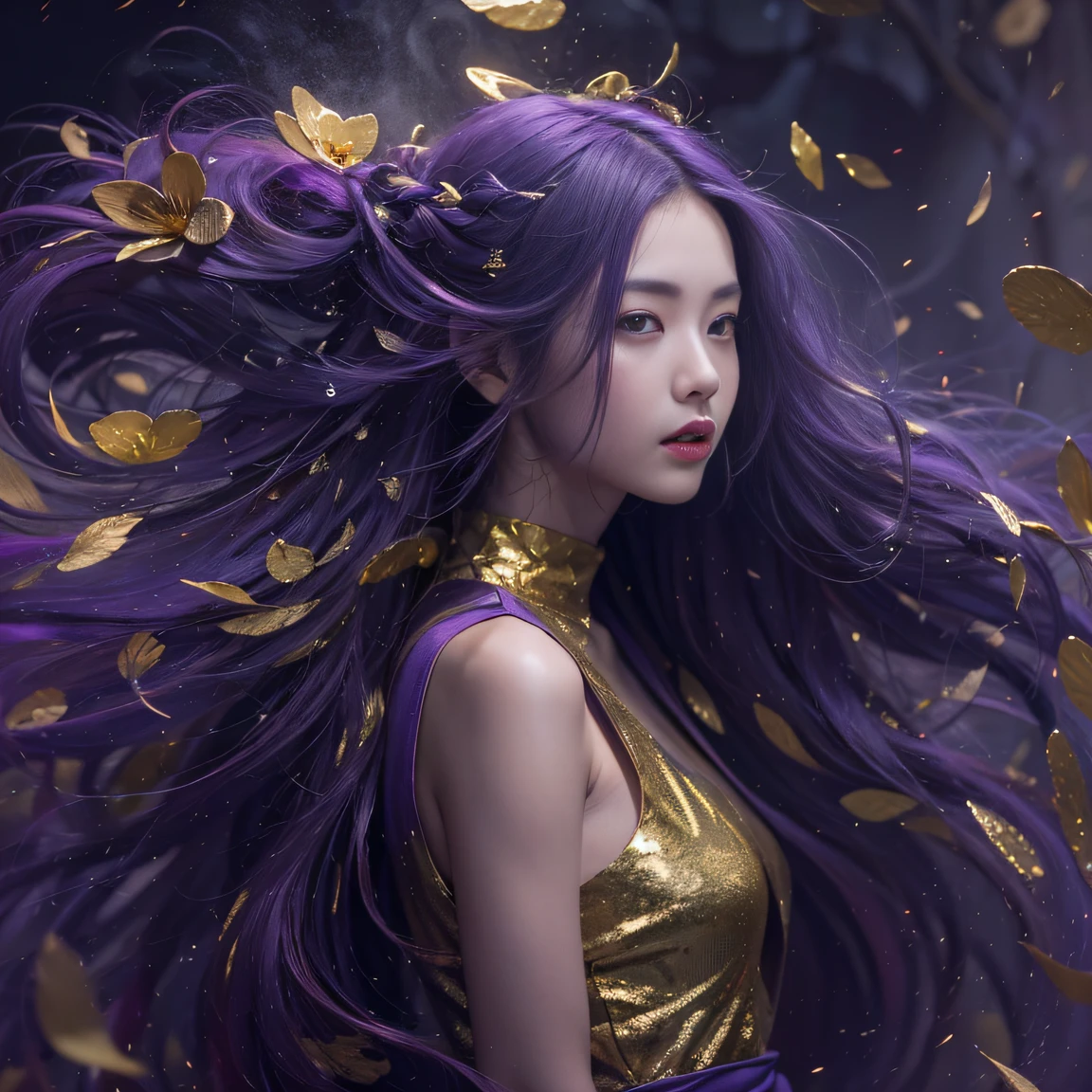 Genki Girl 32K（tmasterpiece，k hd，hyper HD，32K）Long flowing bright purple hair，Autumn Pond，zydink， a color， Asian people （Genki girl）， （Black and gold scarf）， Combat posture， looking at the ground， long whitr hair， Floating bright purple， Fire cloud pattern gold tiara， Chinese long-sleeved gold silk garment， （Abstract metaverse splash：1.2）， white backgrounid，Lotus vitality protector（realisticlying：1.4），Bright purple hair，Smoke on the road，The background is pure， A high resolution， the detail， RAW photogr， Sharp Re， Nikon D850 Film Stock Photo by Jefferies Lee 4 Kodak Portra 400 Camera F1.6 shots, Rich colors, ultra-realistic vivid textures, Dramatic lighting, Unreal Engine Art Station Trend, cinestir 800，A girl with long flowing bright purple hair