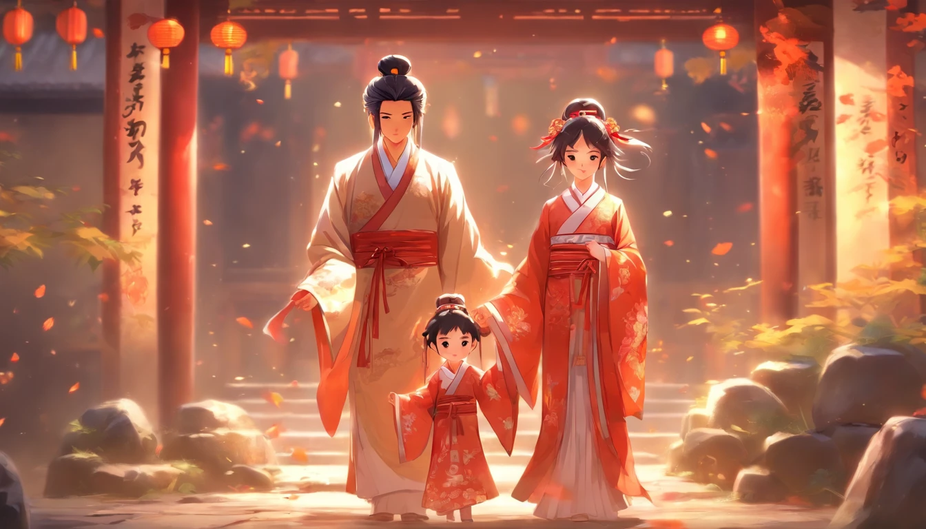 A couple in ancient style, Cute little girl, A family of three, Tattered clothes, Everyday life scenes Chinese style