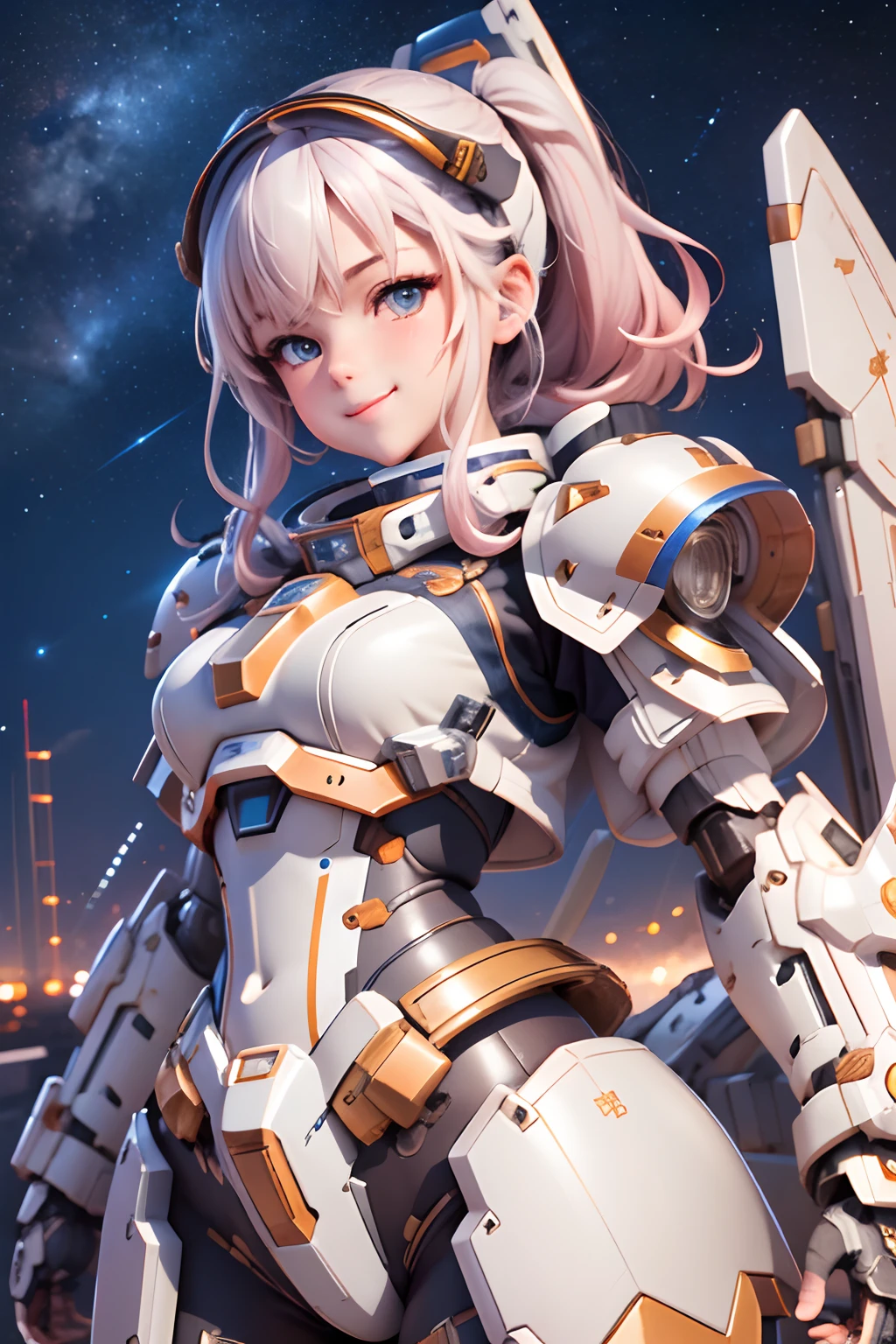 masterpiece,top quality,ultra detail,highly detailed illustration,highly detailed,complex detail,high resolution,ultra complex detail,highly detailed 8k cg wallpaper, mecha girl, machine parts, robot joint, headgear, 1girl,solo, mecha girl, blush,standing,cowboy shot, starry sky background, background, glowing white armor, full armor, mechanical wing, high leg, smile,